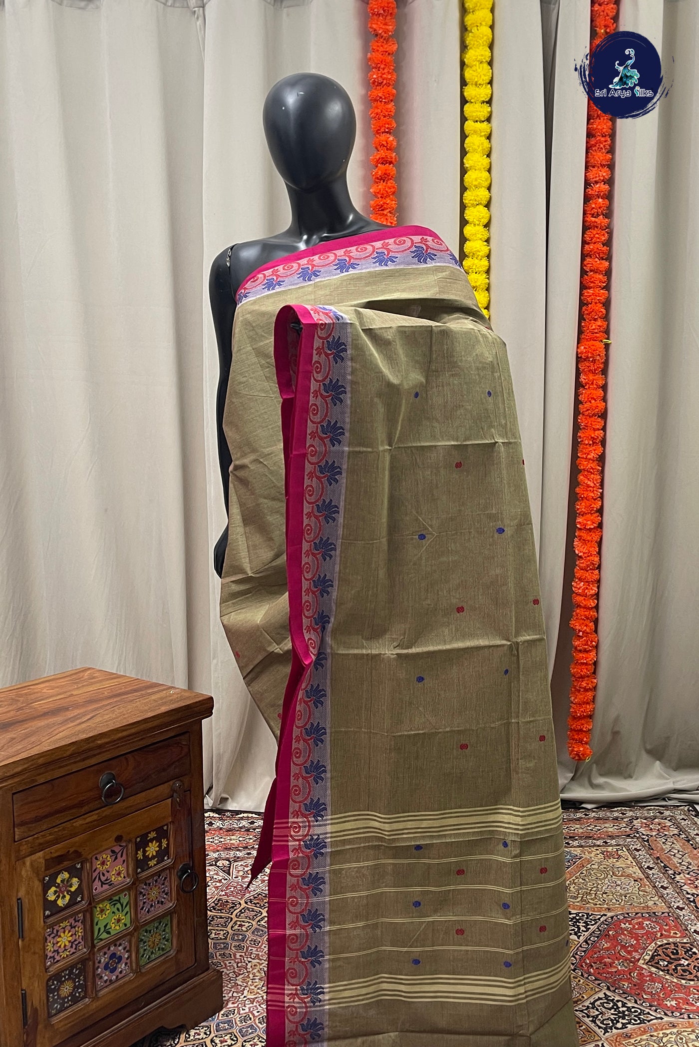 Elaichi Green Chettinad Cotton Saree With Buttas Pattern