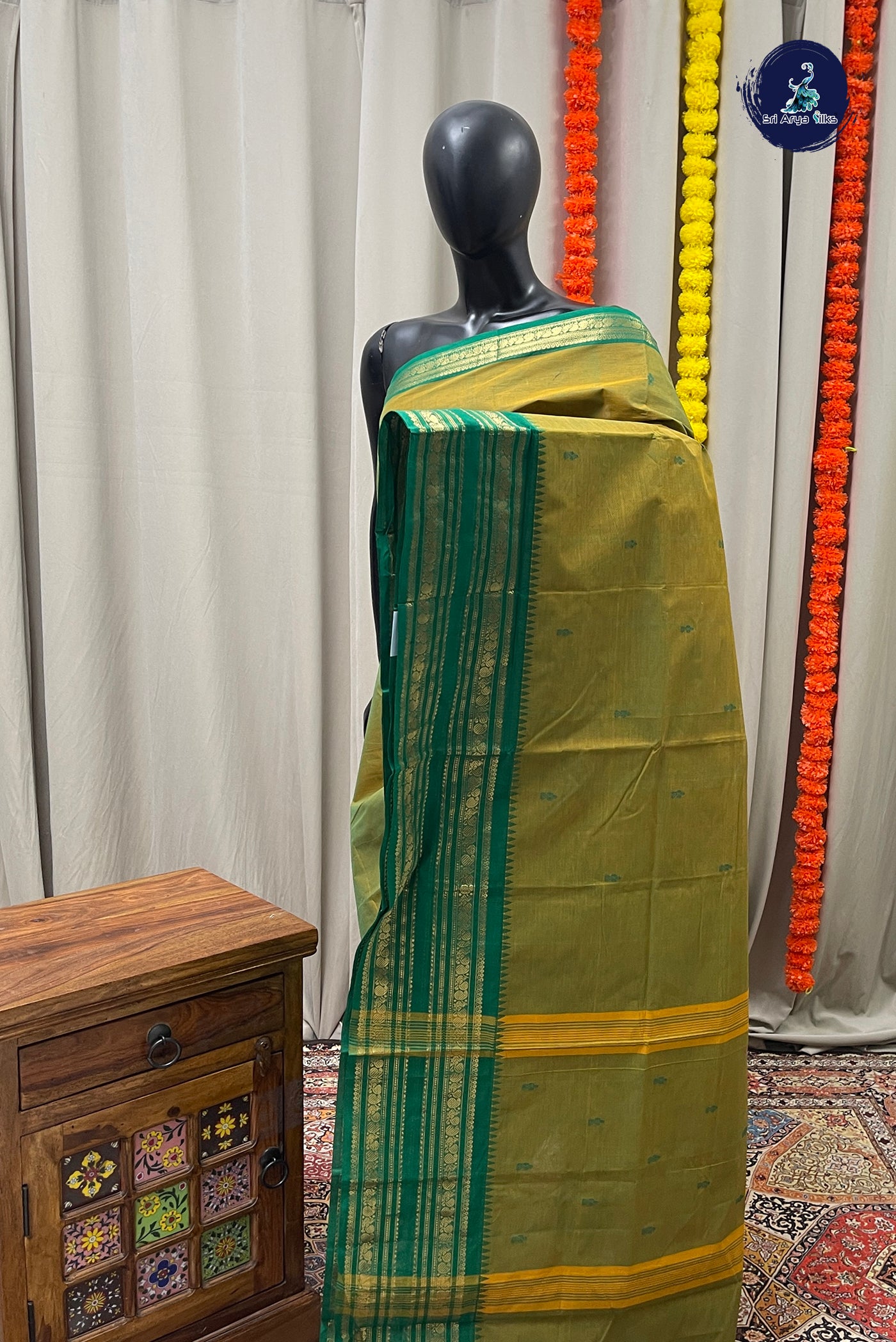 Yellowish Green Chettinad Cotton Saree With Buttas Pattern