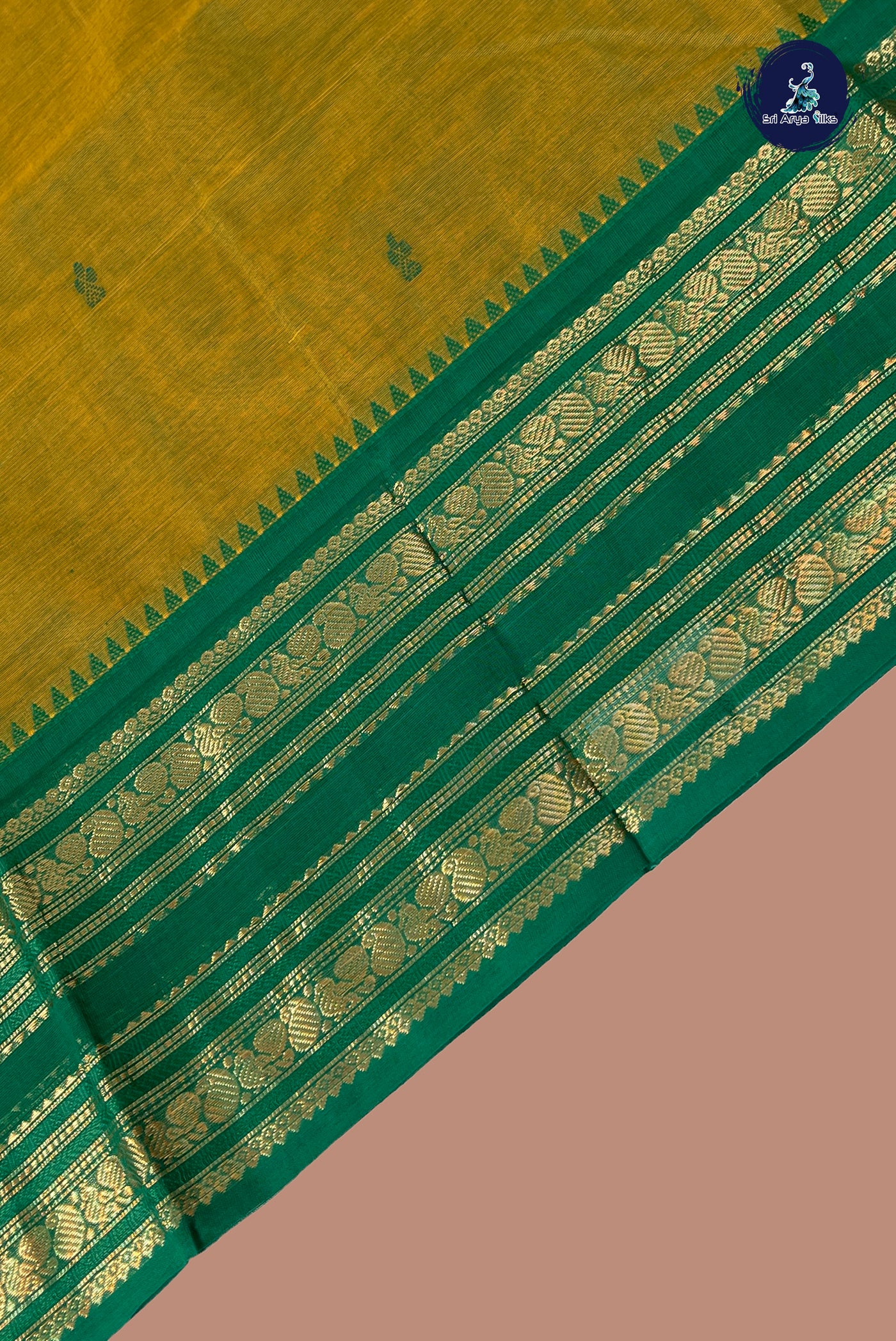 Yellowish Green Chettinad Cotton Saree With Buttas Pattern