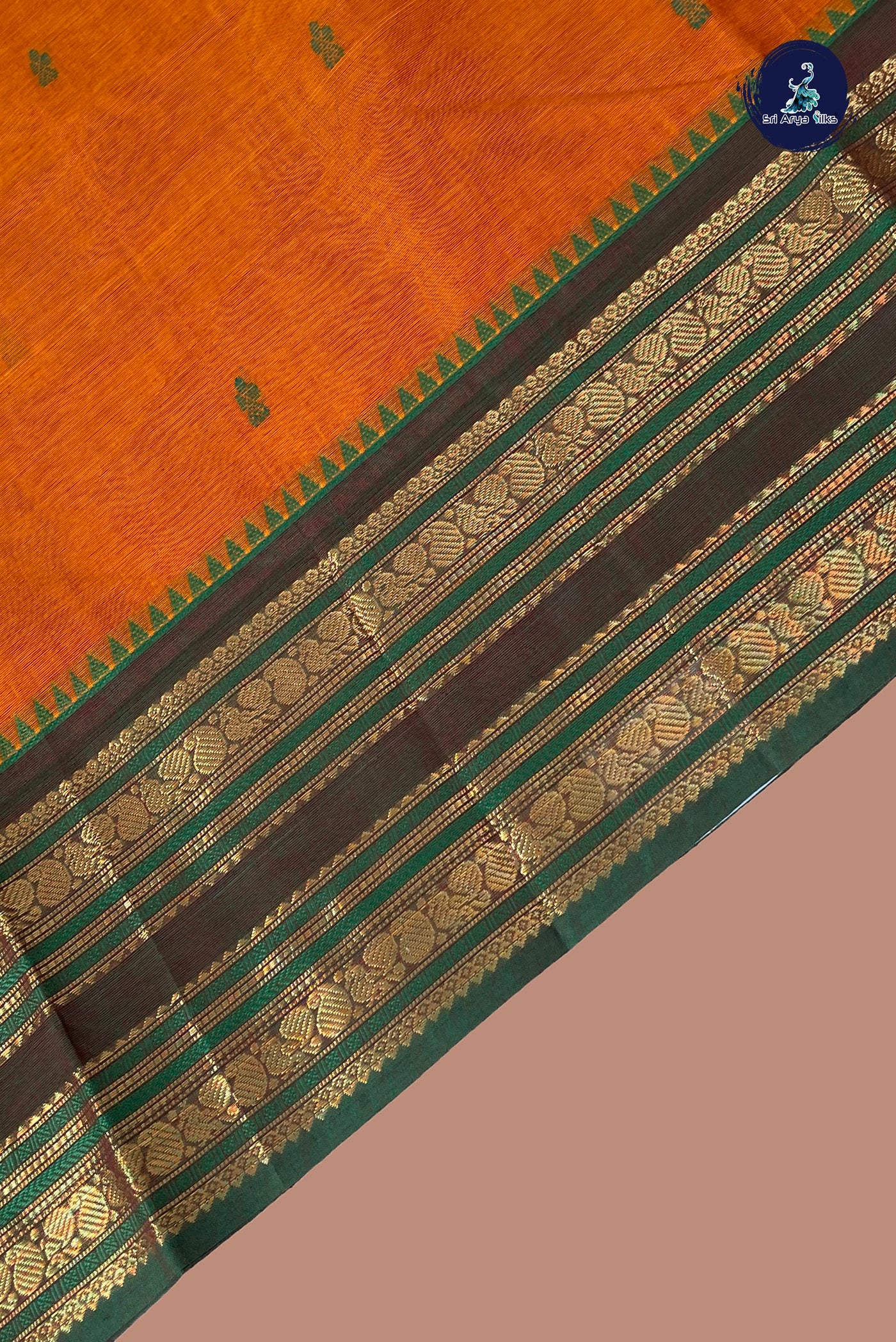Lite Mustard Orange Chettinad Cotton Saree With Buttas Pattern