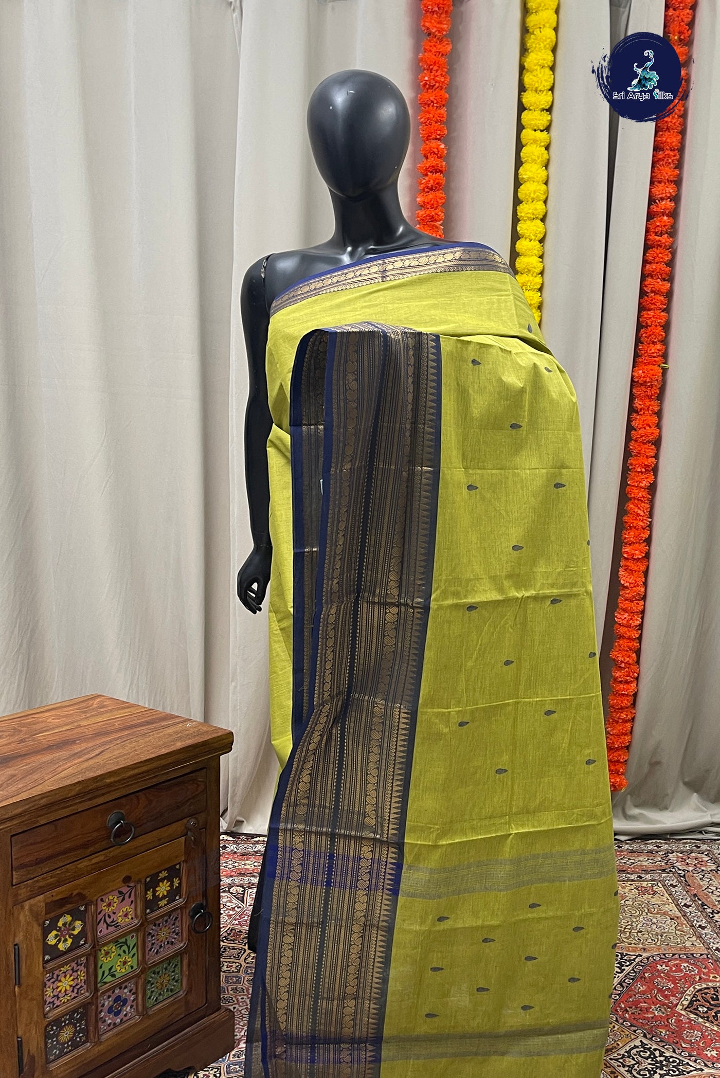 Lime Green Chettinad Cotton Saree With Buttas Pattern