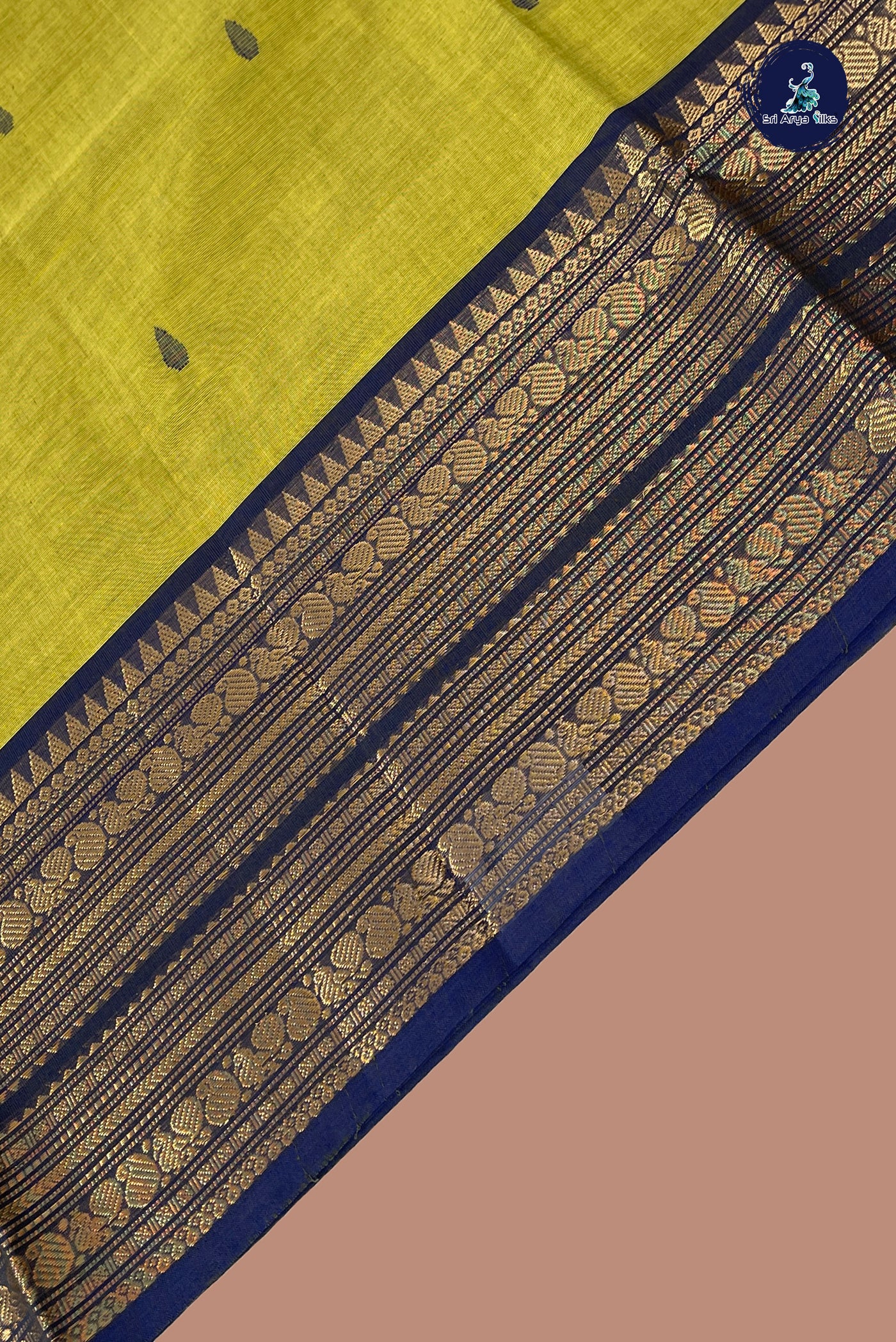 Lime Green Chettinad Cotton Saree With Buttas Pattern