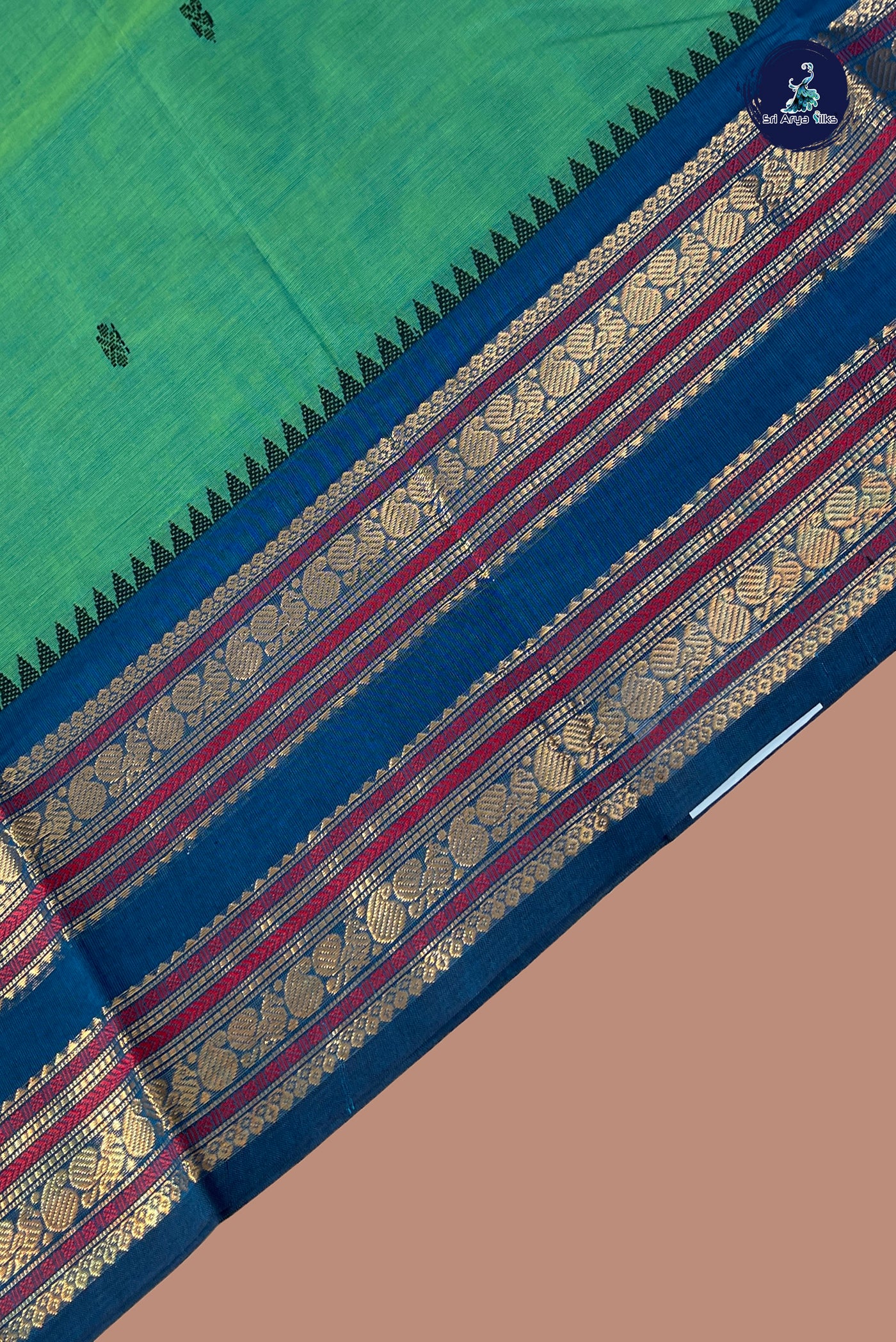 Bluish Green Chettinad Cotton Saree With Buttas Pattern