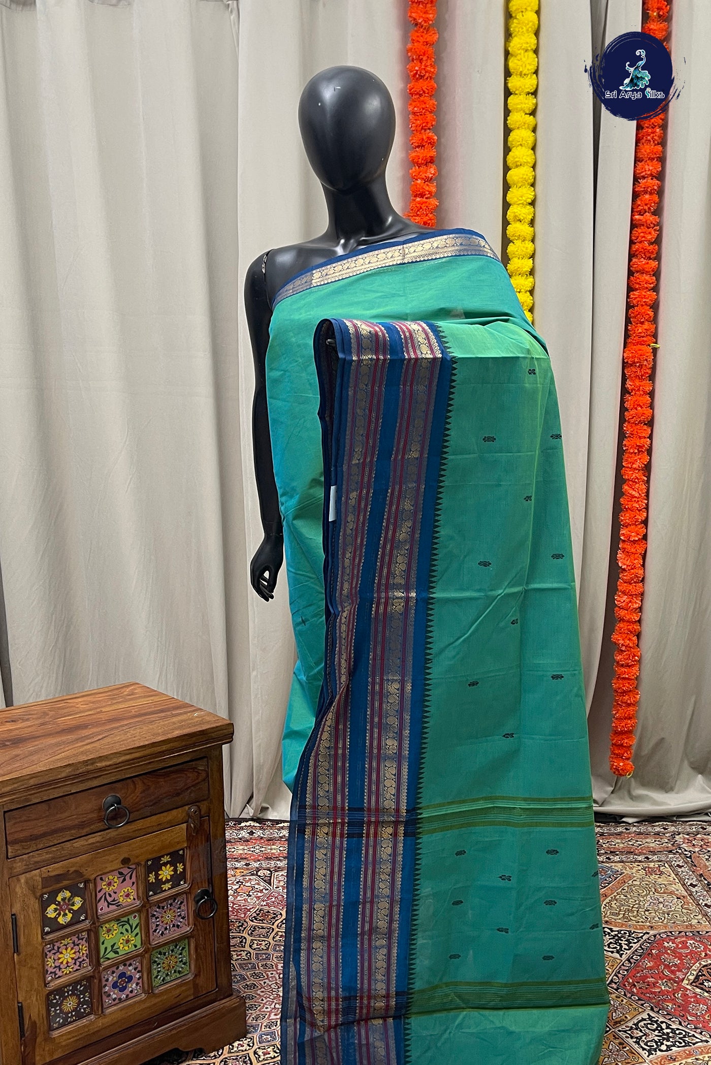 Bluish Green Chettinad Cotton Saree With Buttas Pattern