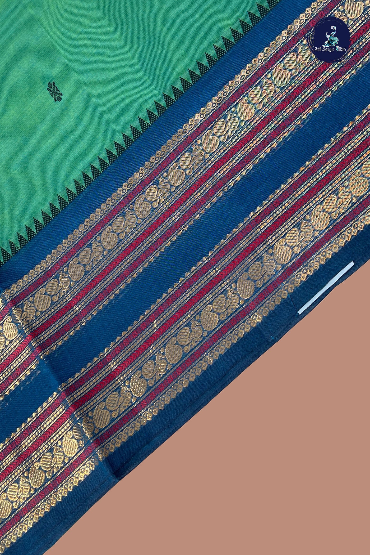 Bluish Green Chettinad Cotton Saree With Buttas Pattern
