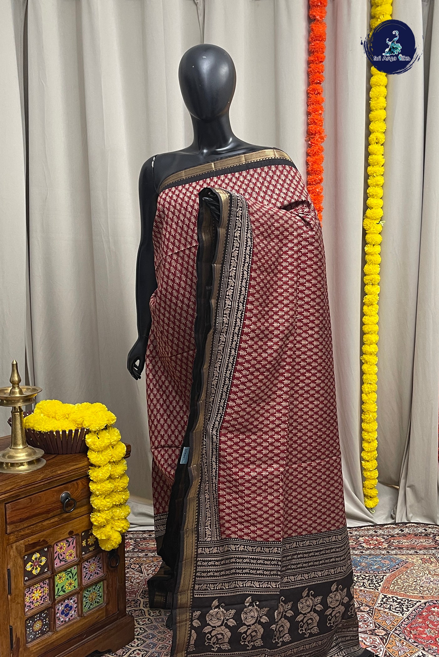 Maroon Semi Chanderi Saree With Printed Pattern