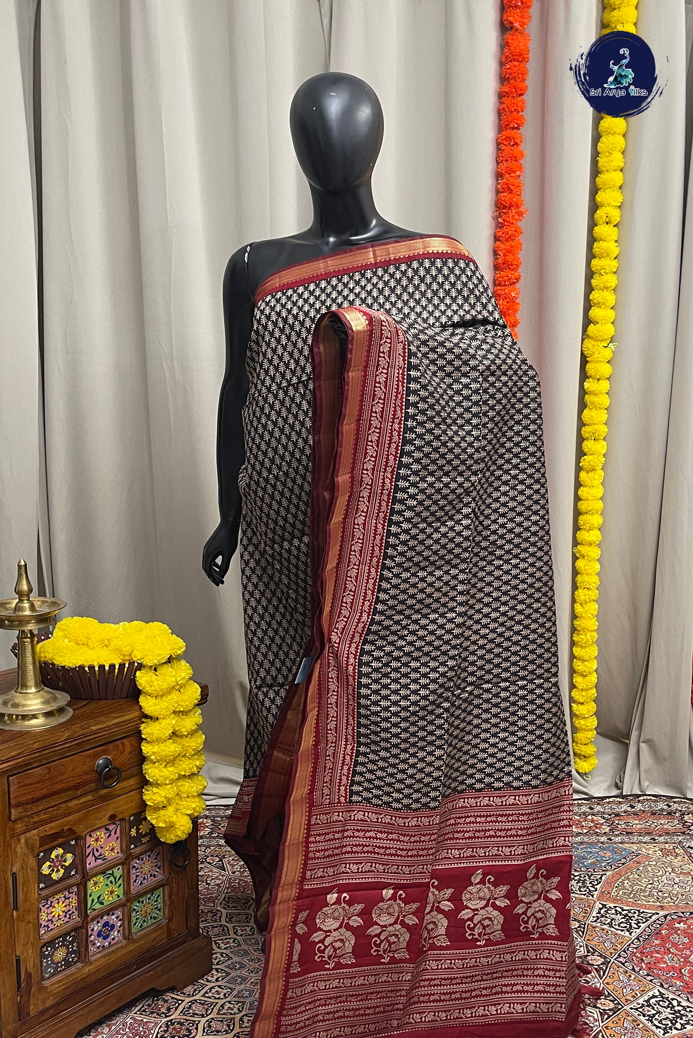 Black Semi Chanderi Saree With Printed Pattern