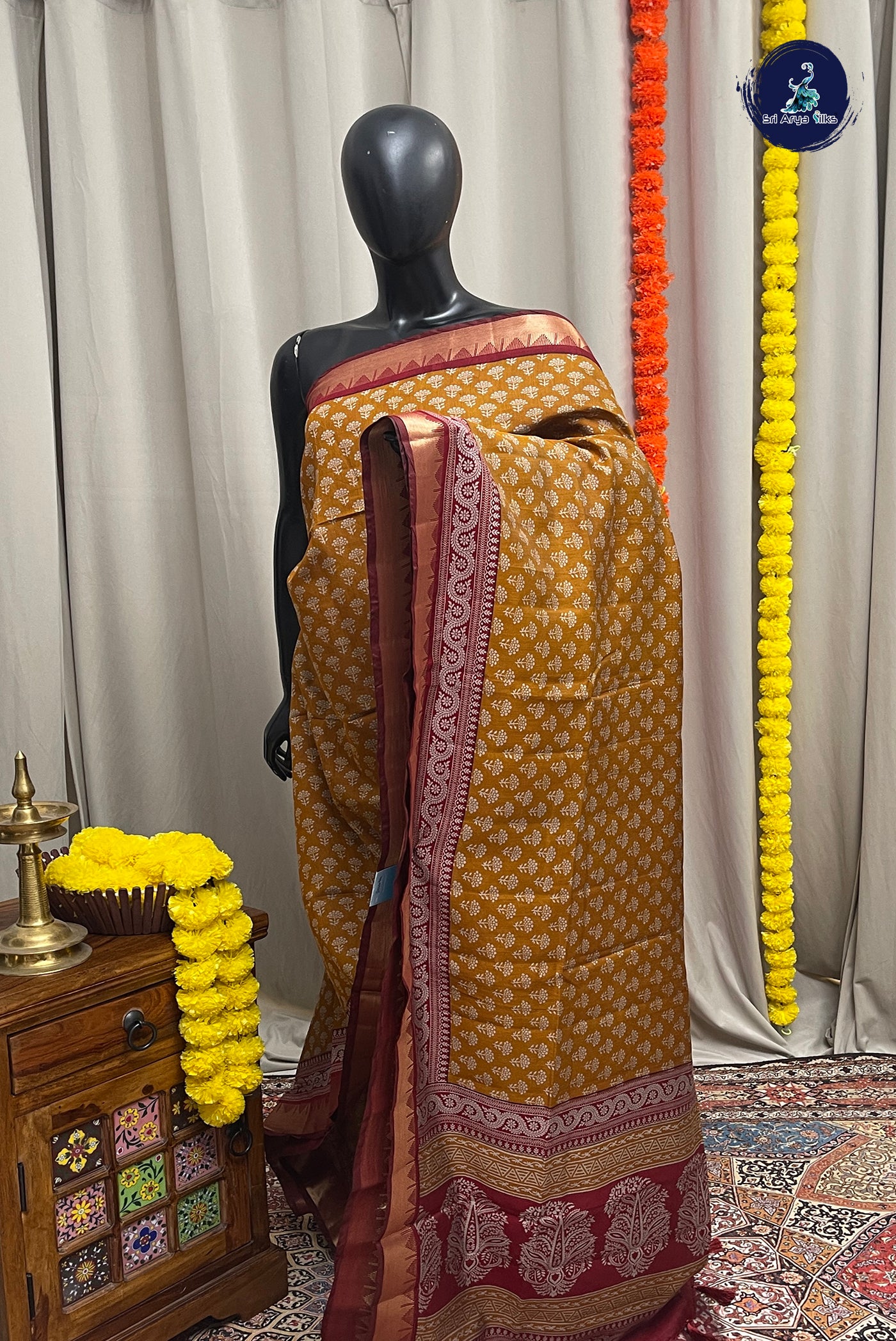 Mustard Yellow Semi Chanderi Saree With Printed Pattern