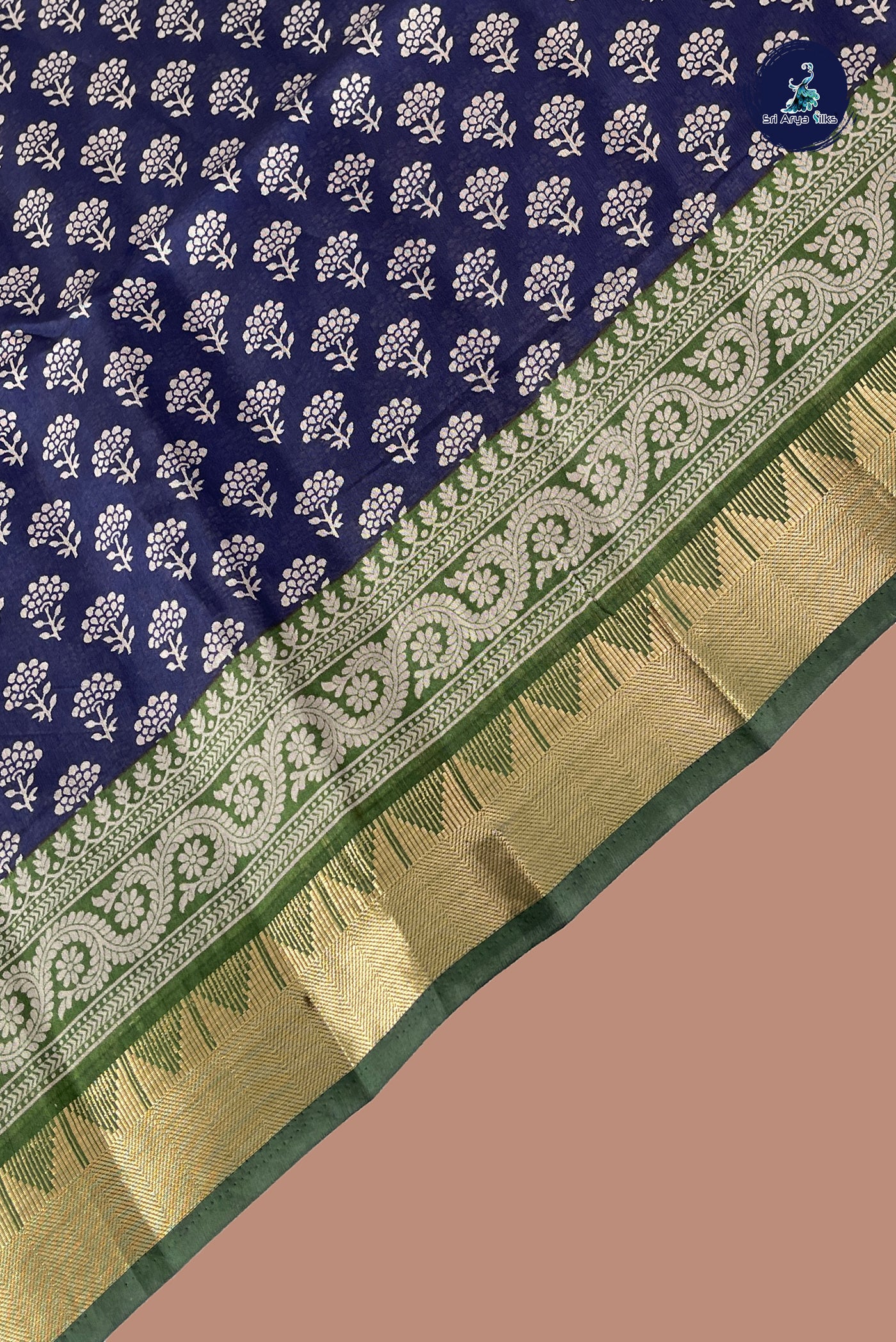 Navy Blue Semi Chanderi Saree With Printed Pattern