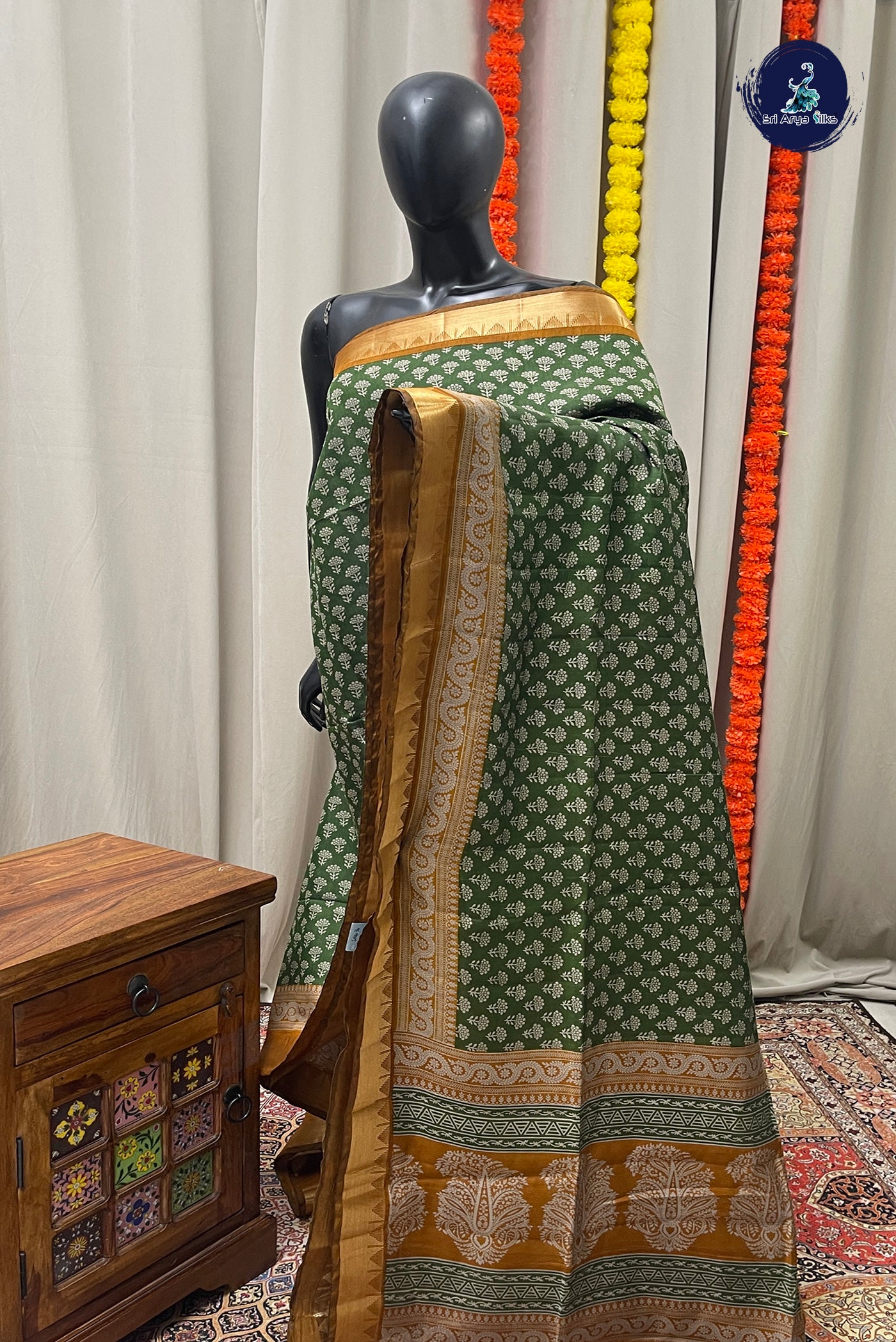 Green Semi Chanderi Saree With Printed Pattern