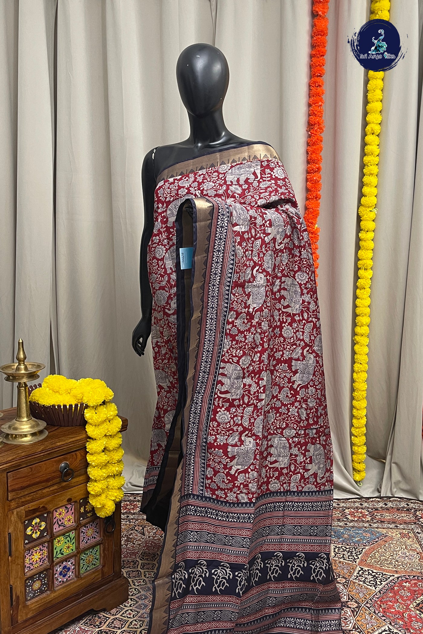 Maroon Semi Chanderi Saree With Printed Pattern