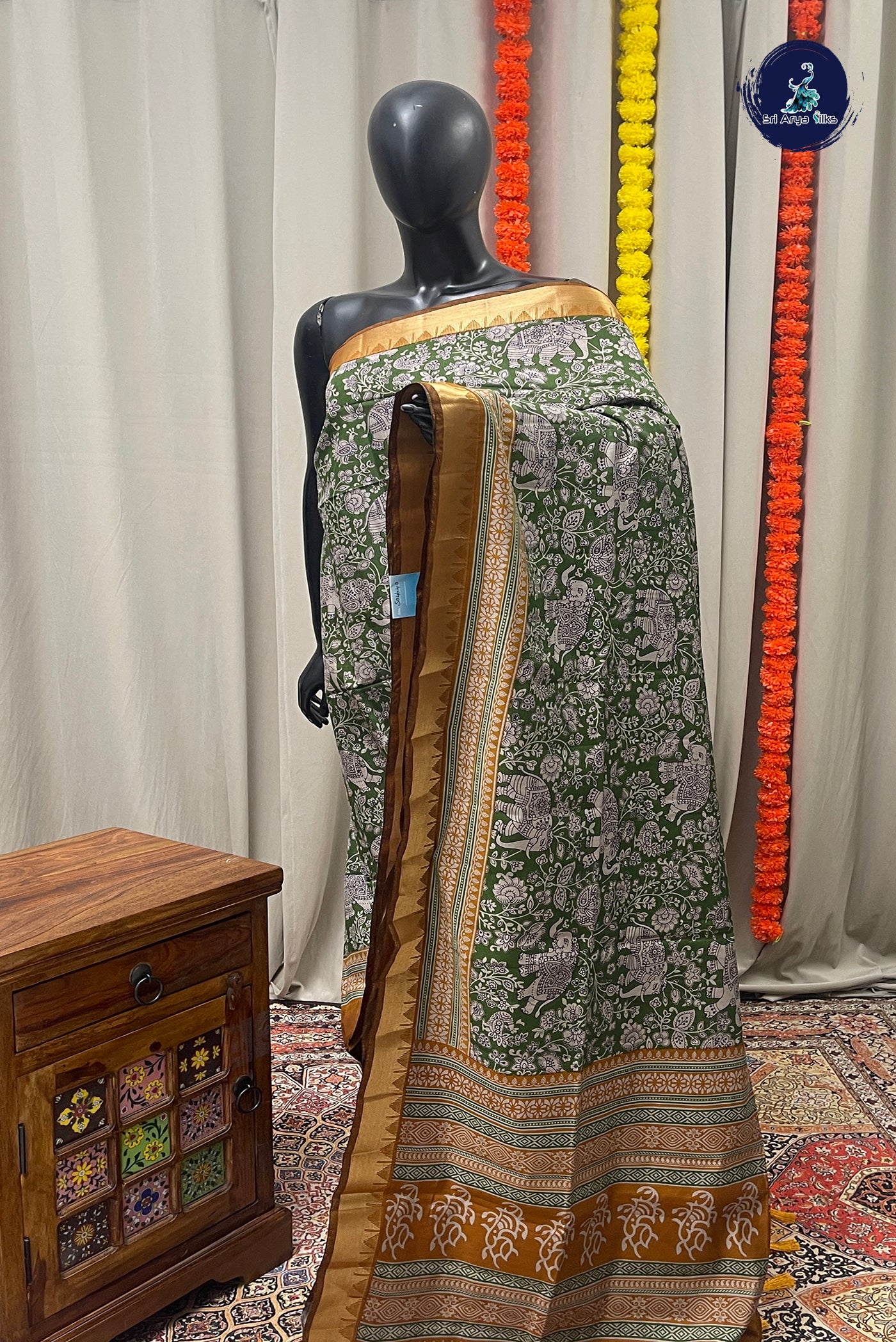 Green Semi Chanderi Saree With Printed Pattern