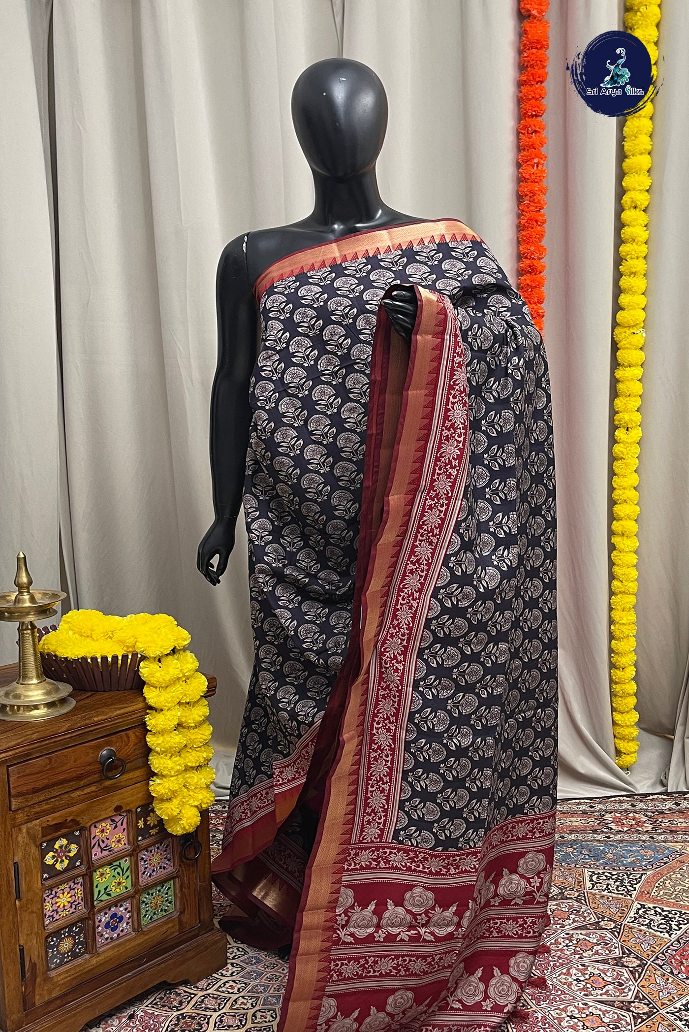 Black Semi Chanderi Saree With Printed Pattern