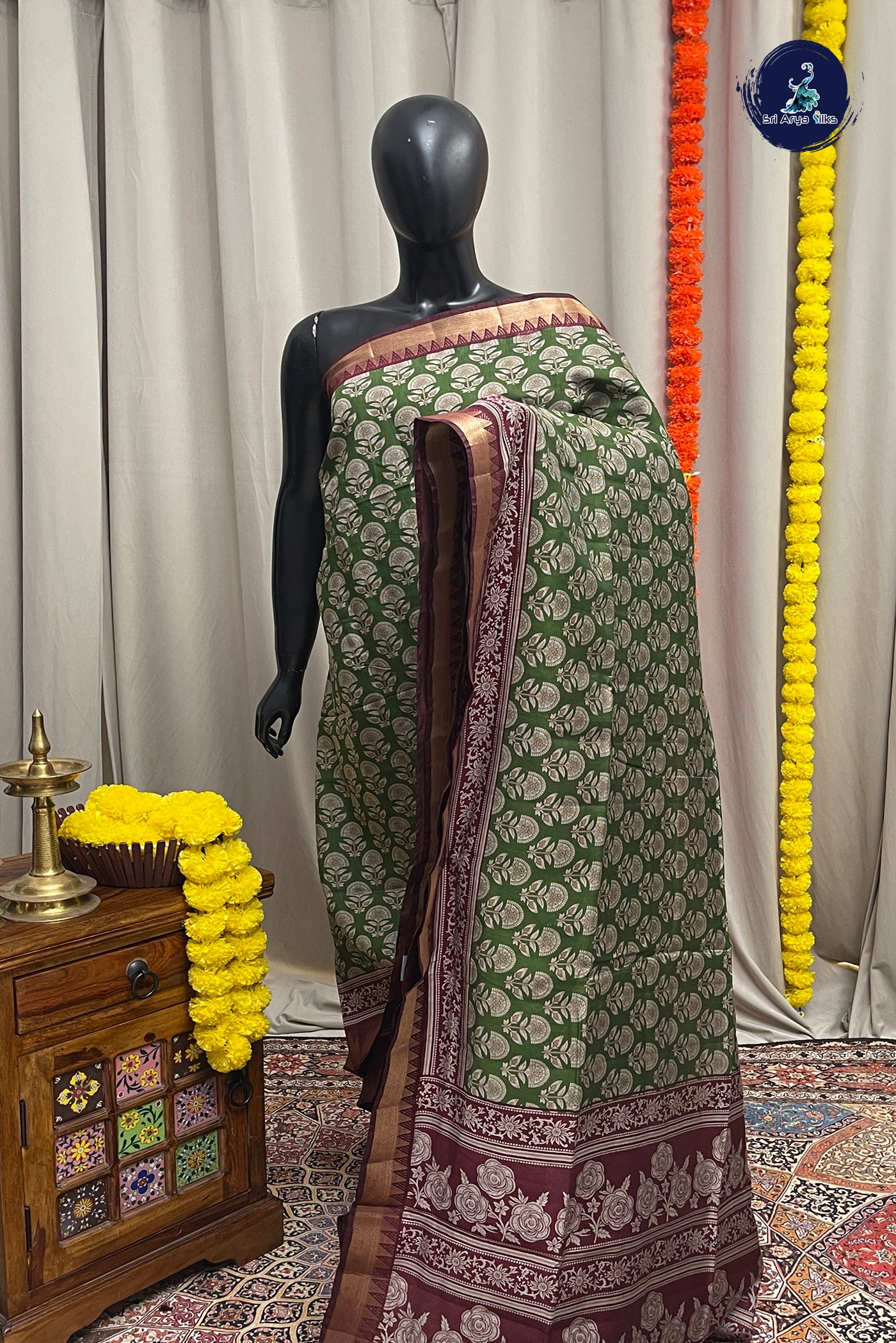 Green Semi Chanderi Saree With Printed Pattern
