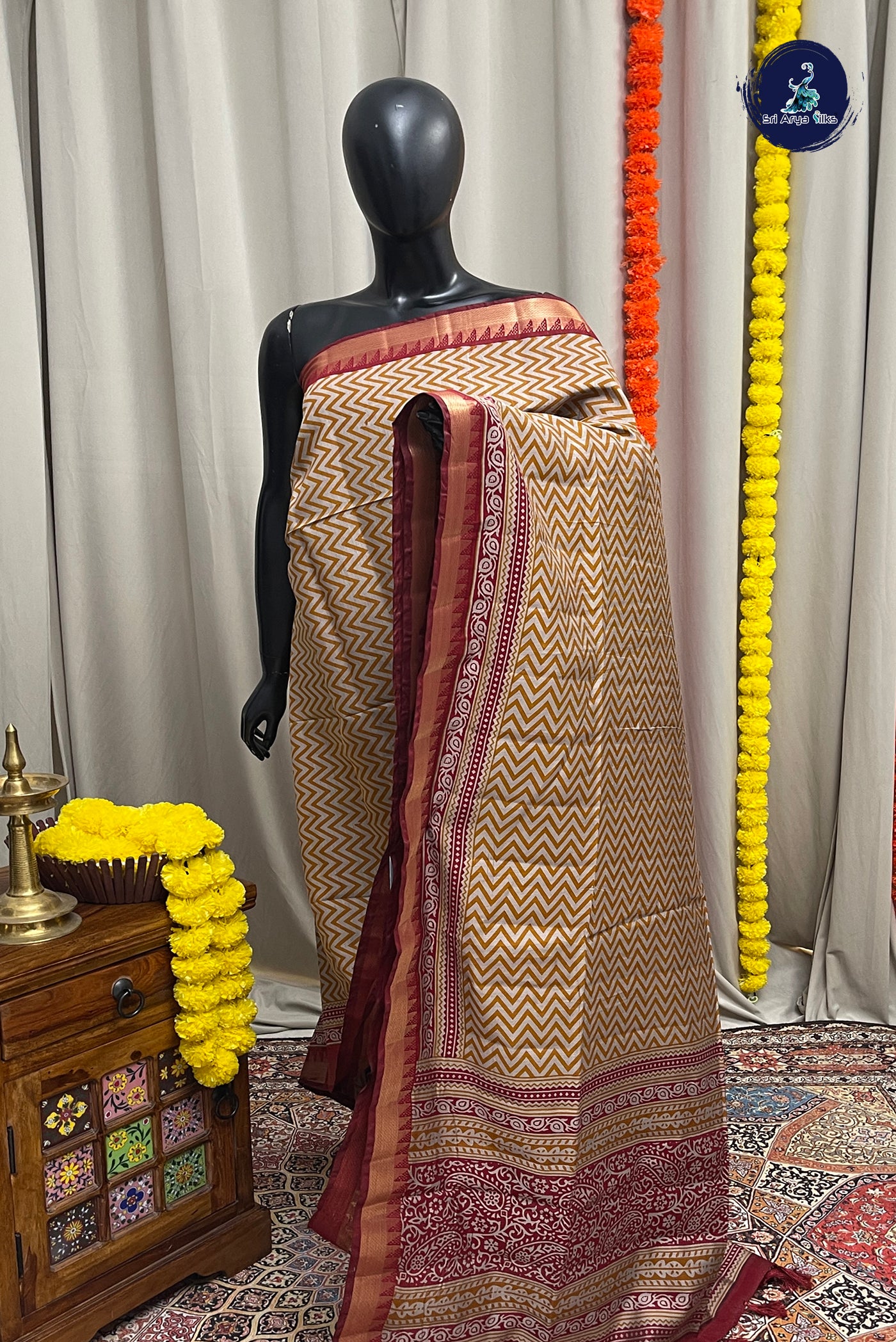 Mustard Yellow Semi Chanderi Saree With Printed Pattern