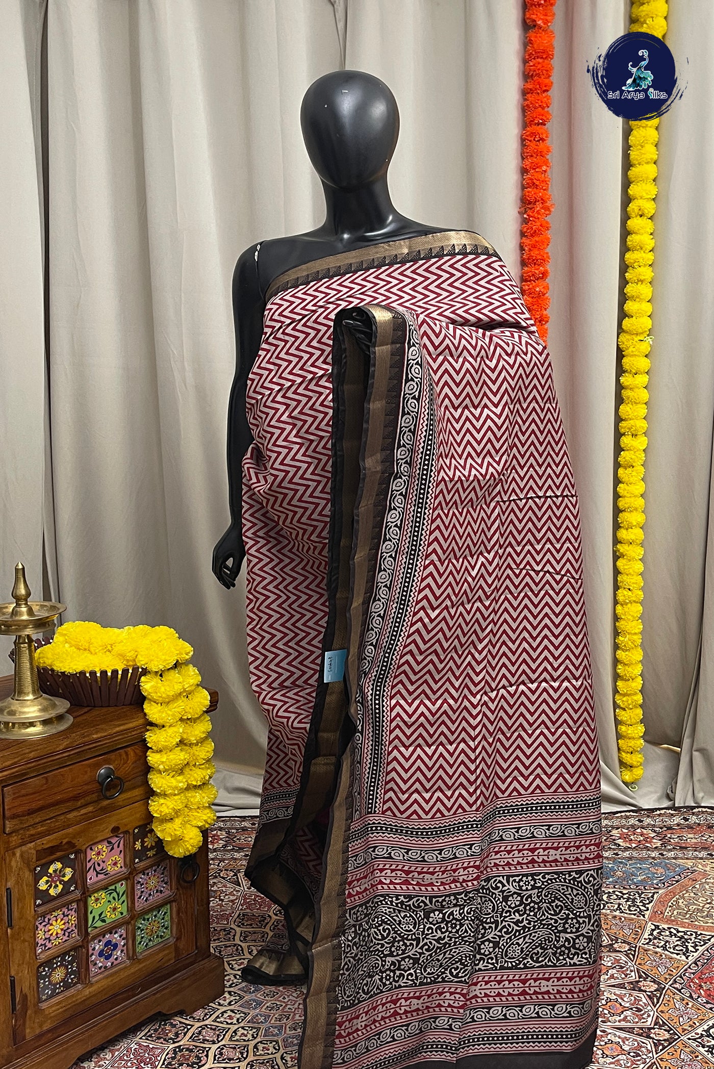 Maroon Semi Chanderi Saree With Printed Pattern
