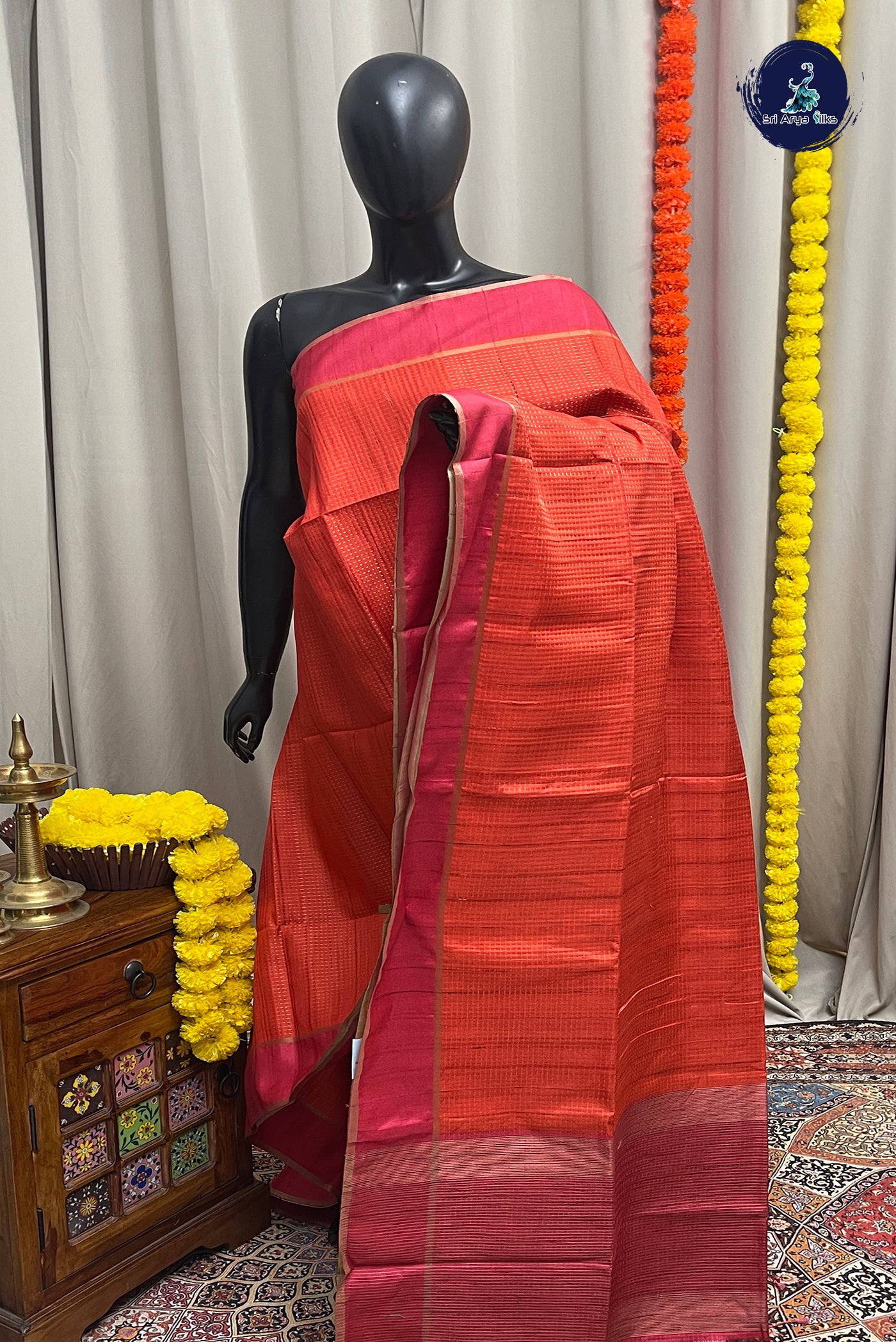 Orange Semi Tussar Saree With Zari Woven Pattern