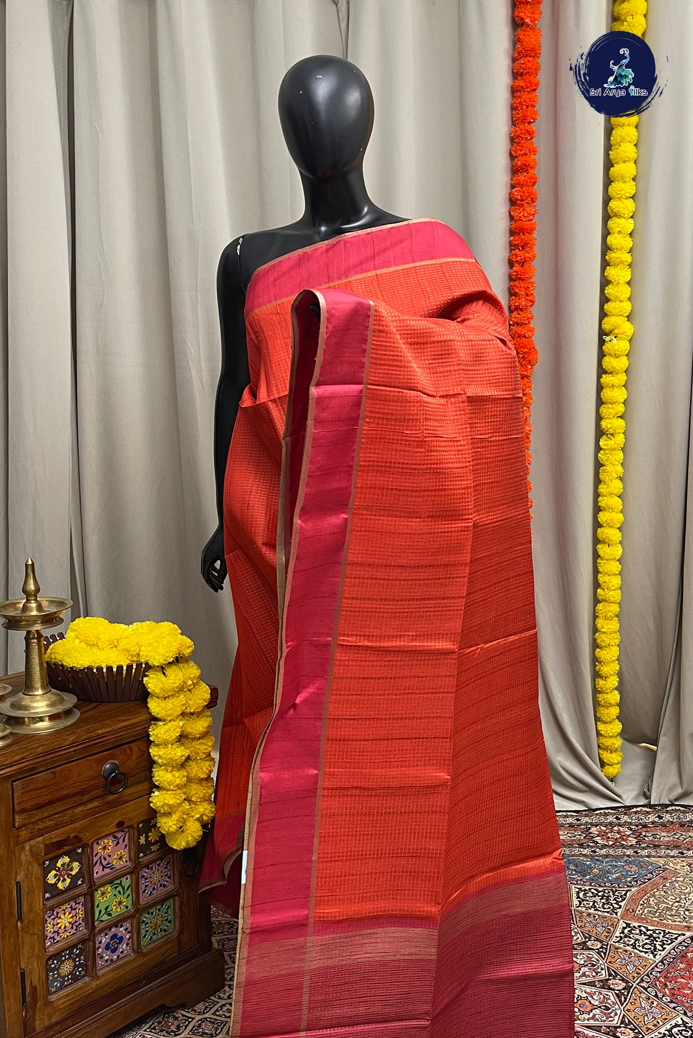 Orange Semi Tussar Saree With Zari Woven Pattern