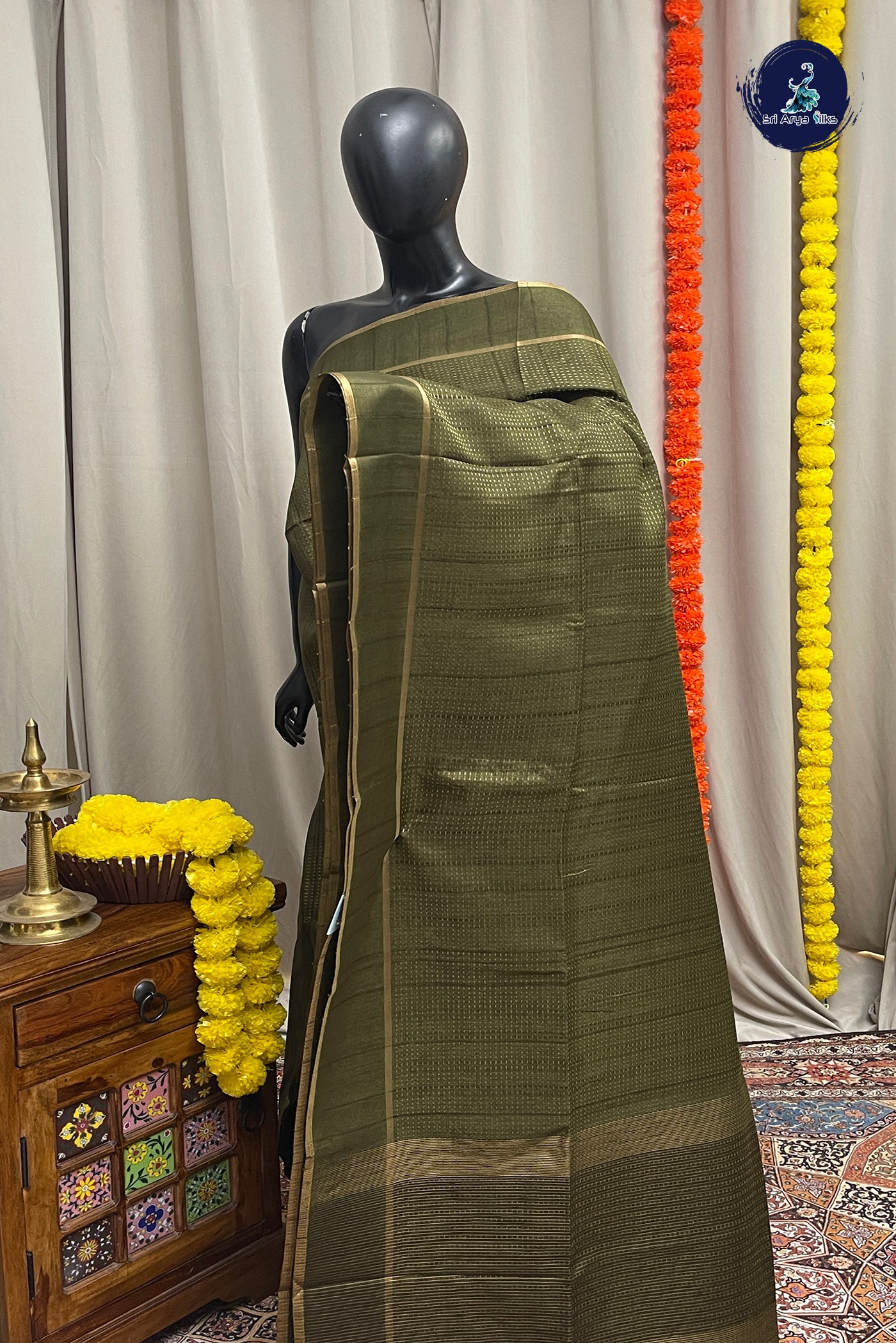 Green Semi Tussar Saree With Zari Woven Pattern