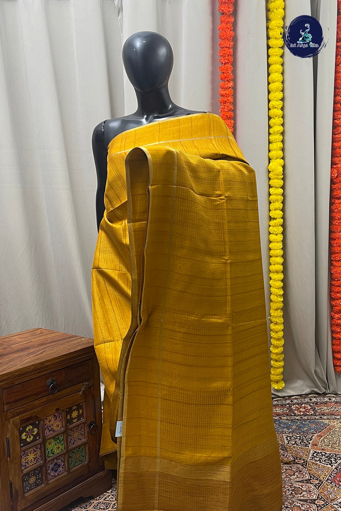 Mustard Yellow Semi Tussar Saree With Zari Woven Pattern