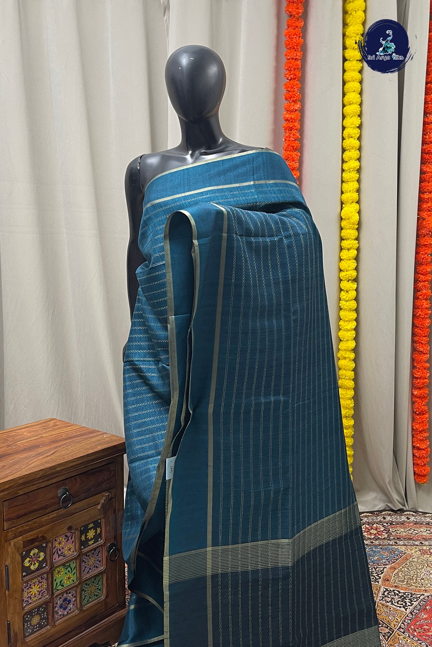 Peacock Blue Semi Tussar Saree With Zari Woven Pattern