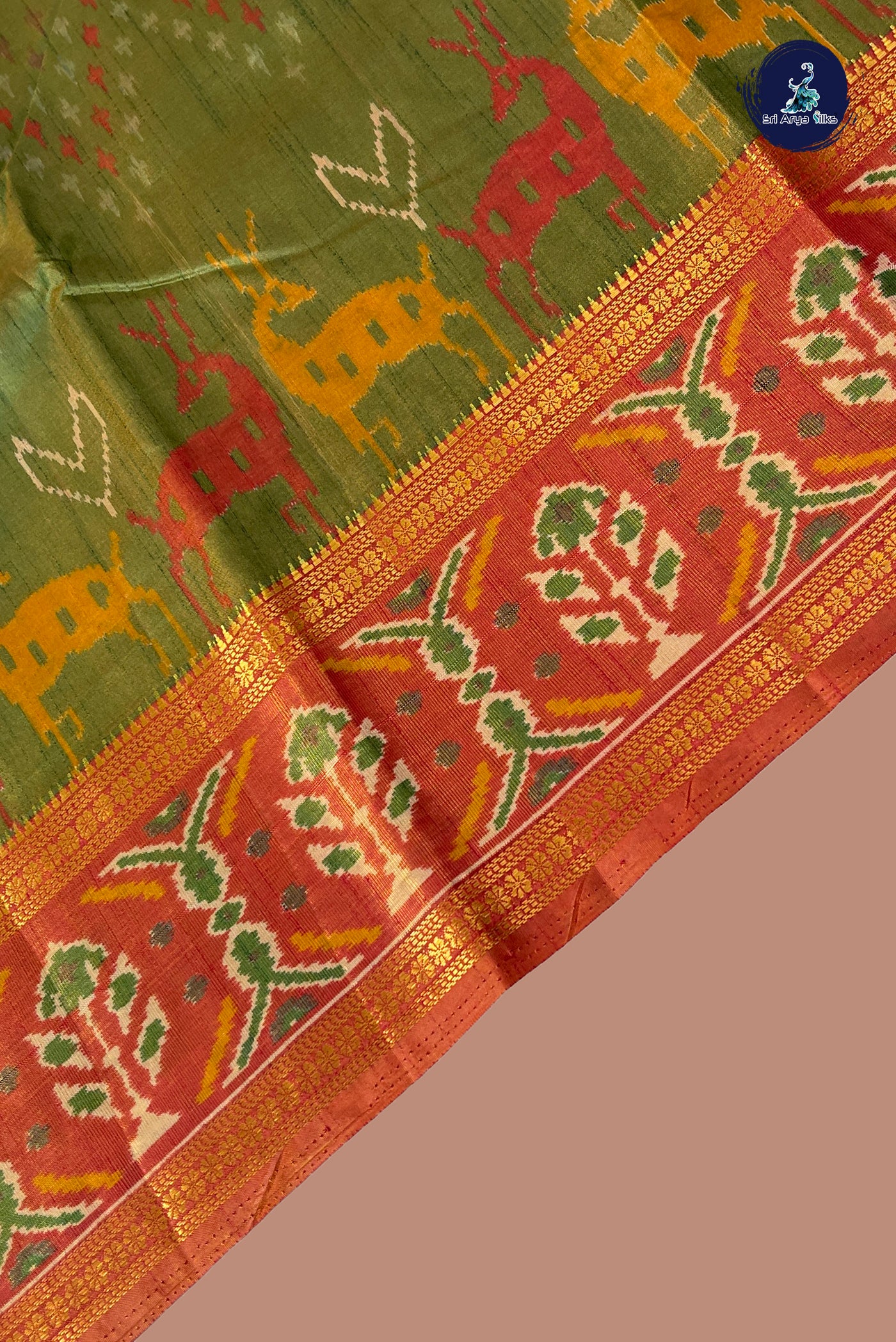 Green Semi Pattola Saree With Ikat Pattern