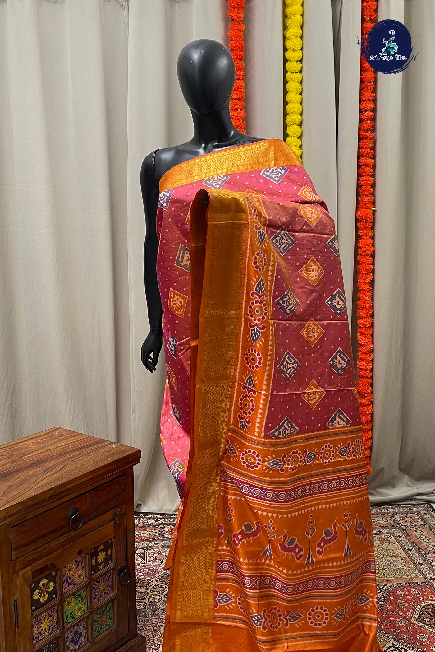 Orangish Pink Semi Pattola Saree With Ikat Pattern