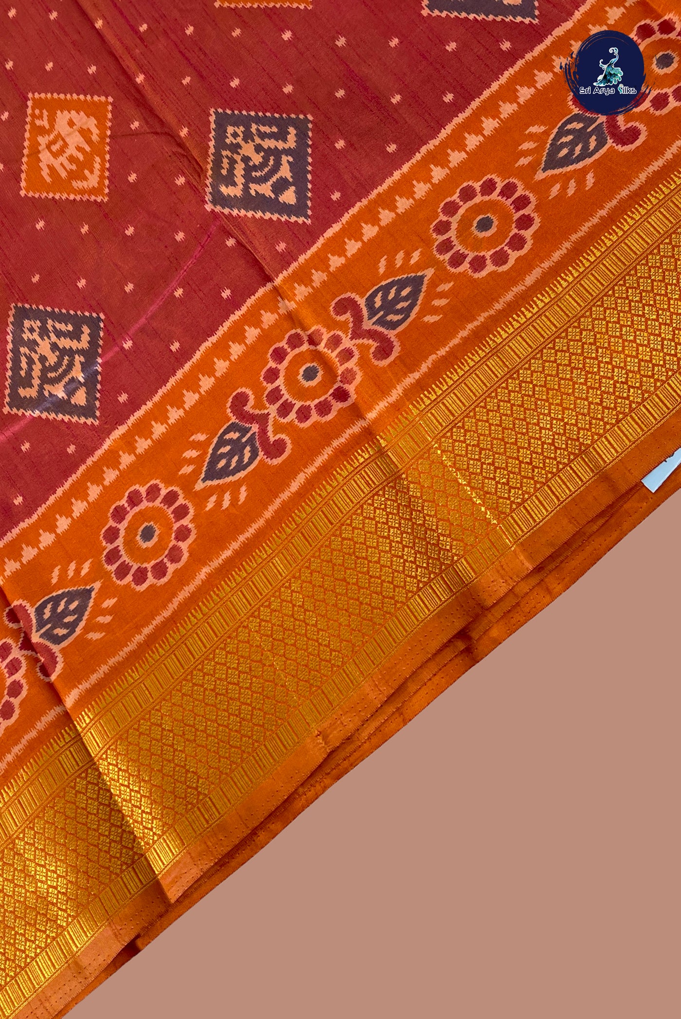 Orangish Pink Semi Pattola Saree With Ikat Pattern