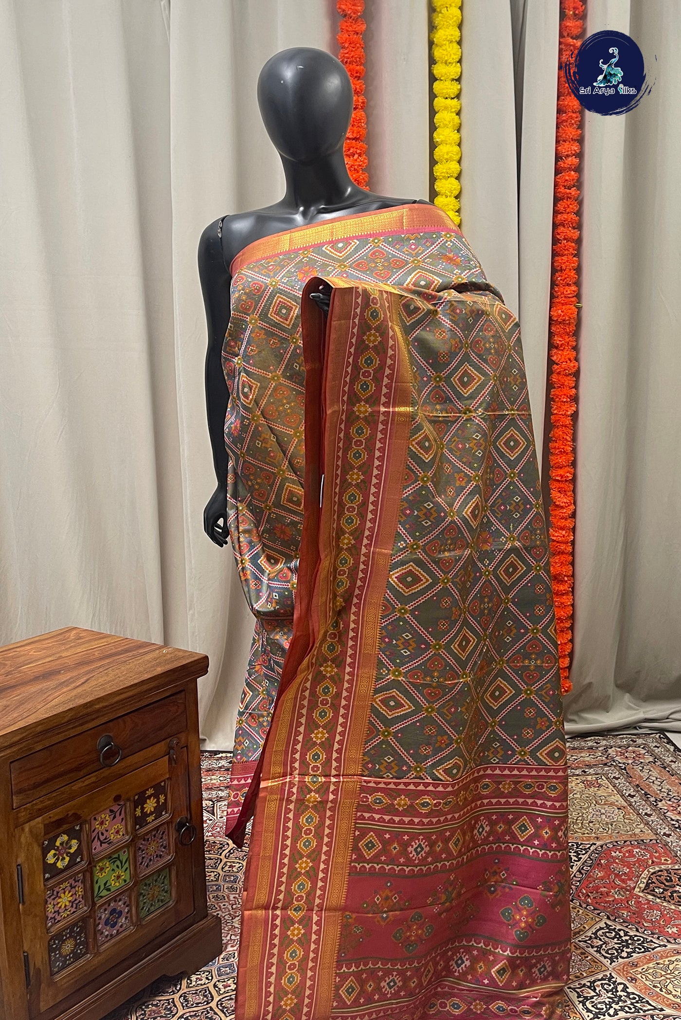 Bluish Grey Semi Pattola Saree With Ikat Pattern