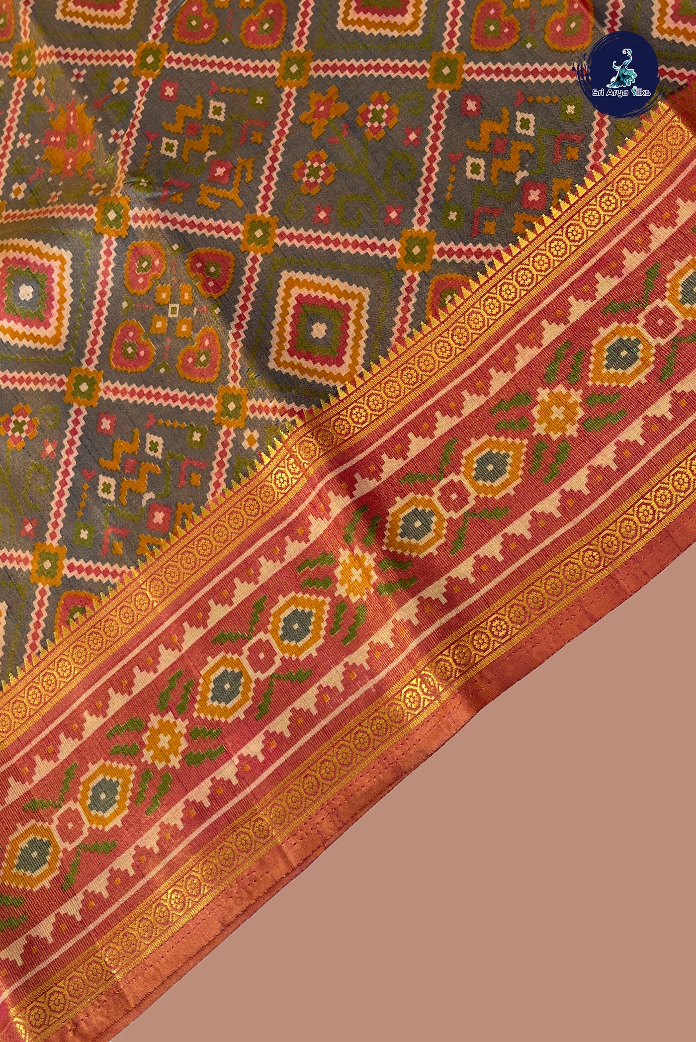 Bluish Grey Semi Pattola Saree With Ikat Pattern