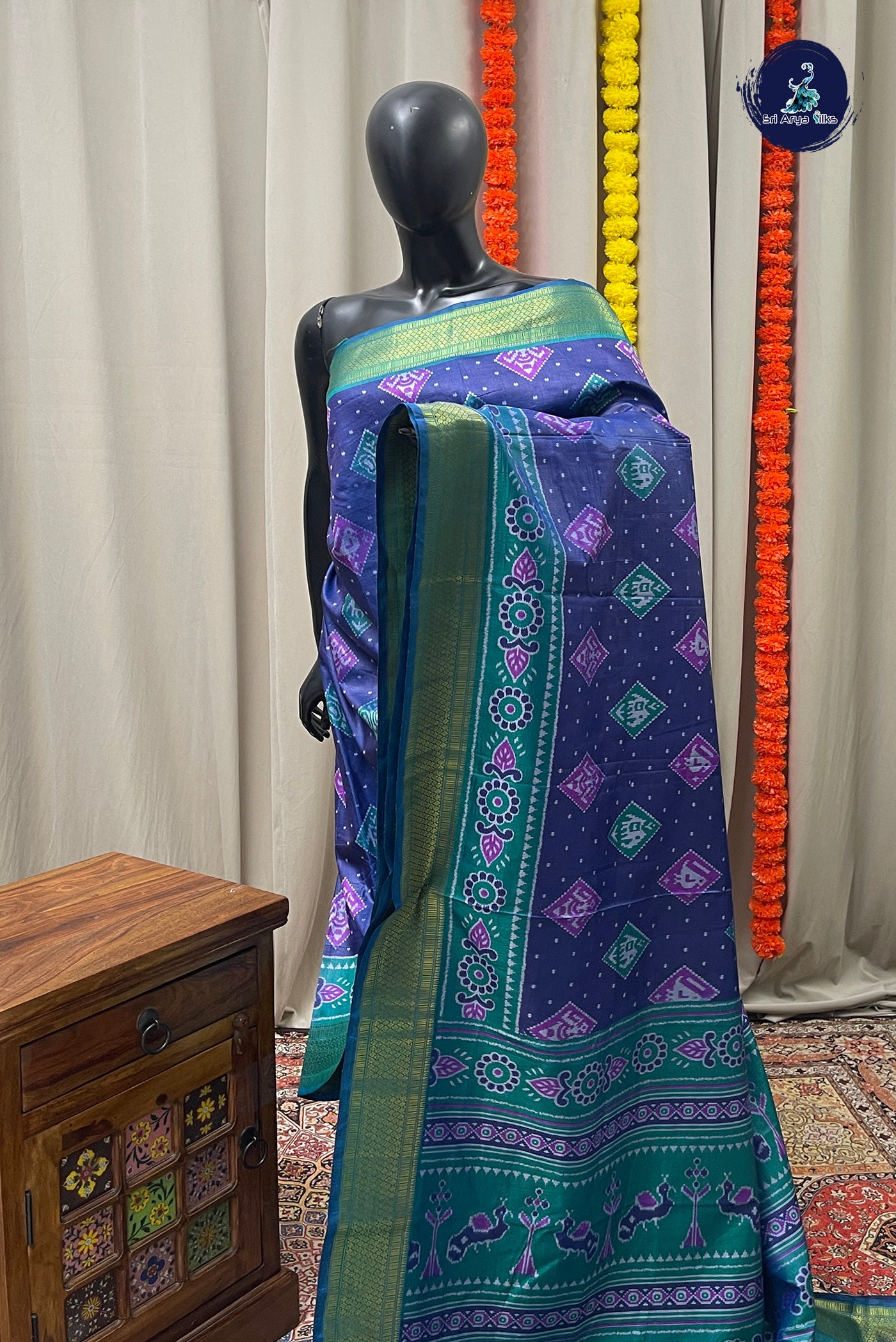 Blue Semi Pattola Saree With Ikat Pattern