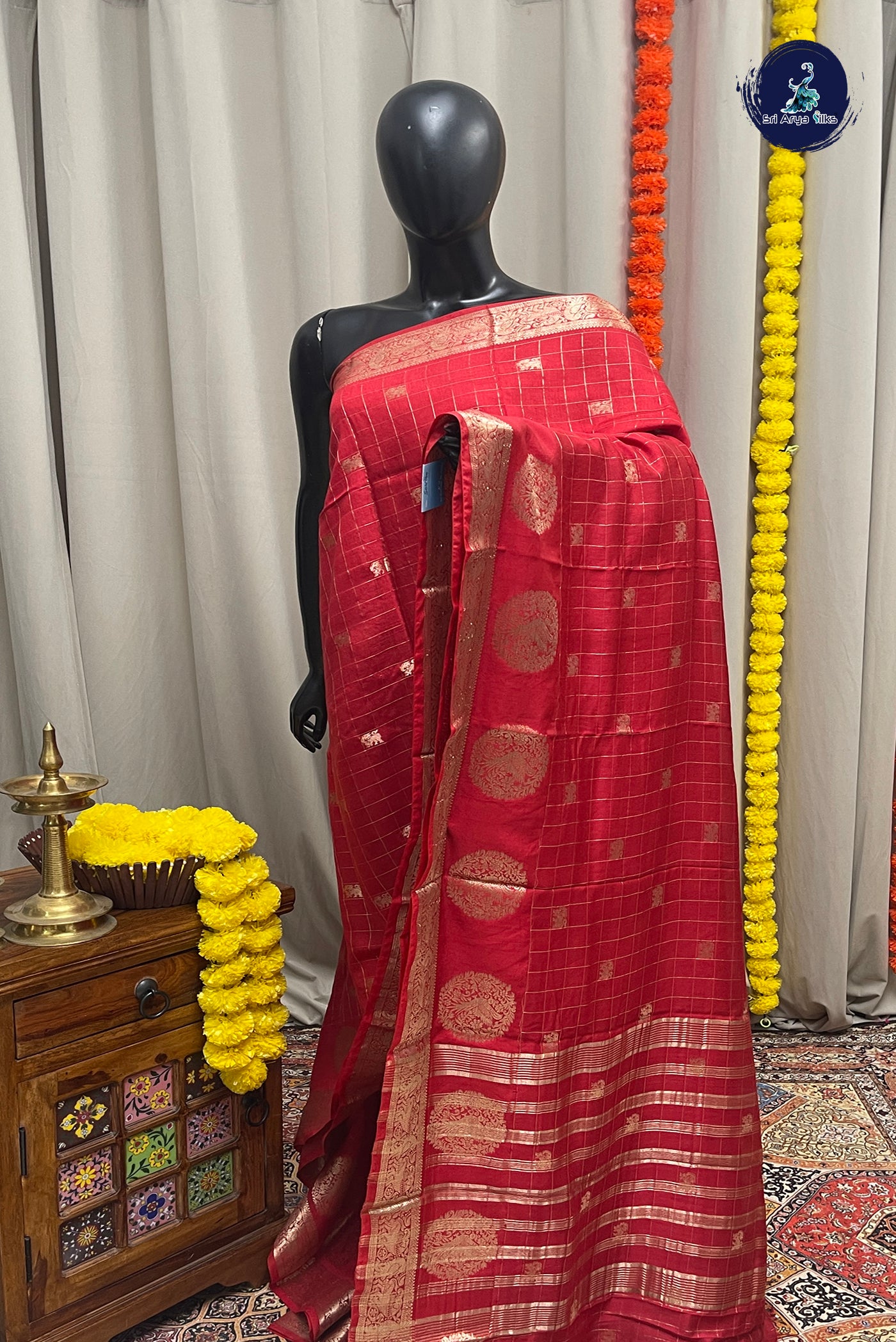 Red Semi Mysore Silk With Zari Checked Pattern