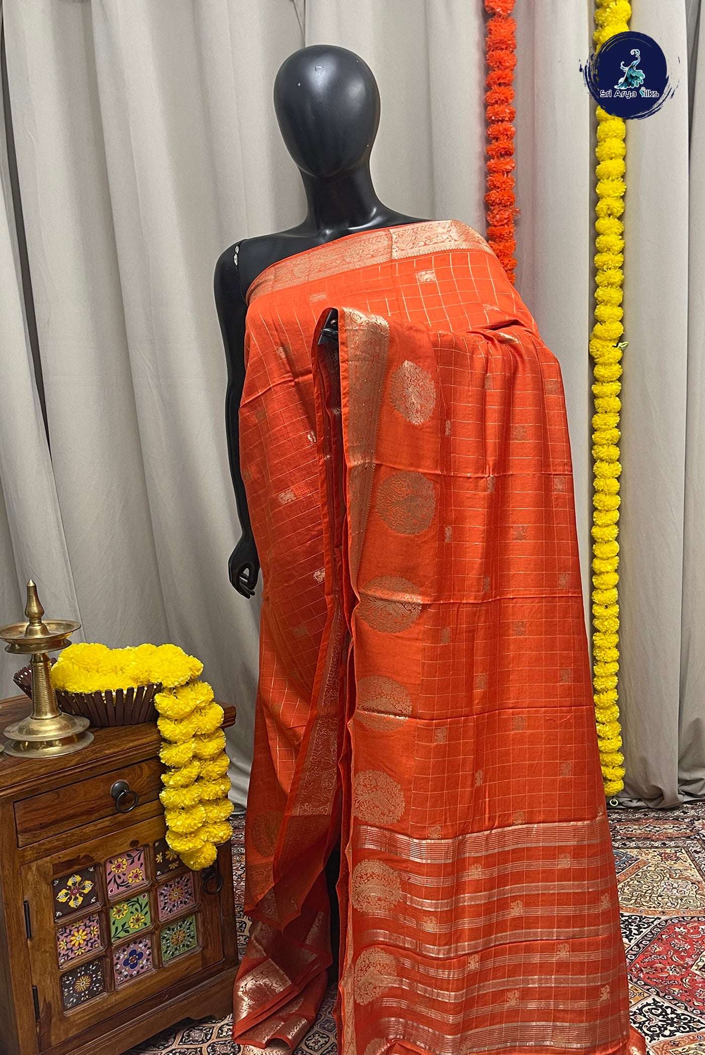 Orange Semi Mysore Silk With Zari Checked Pattern