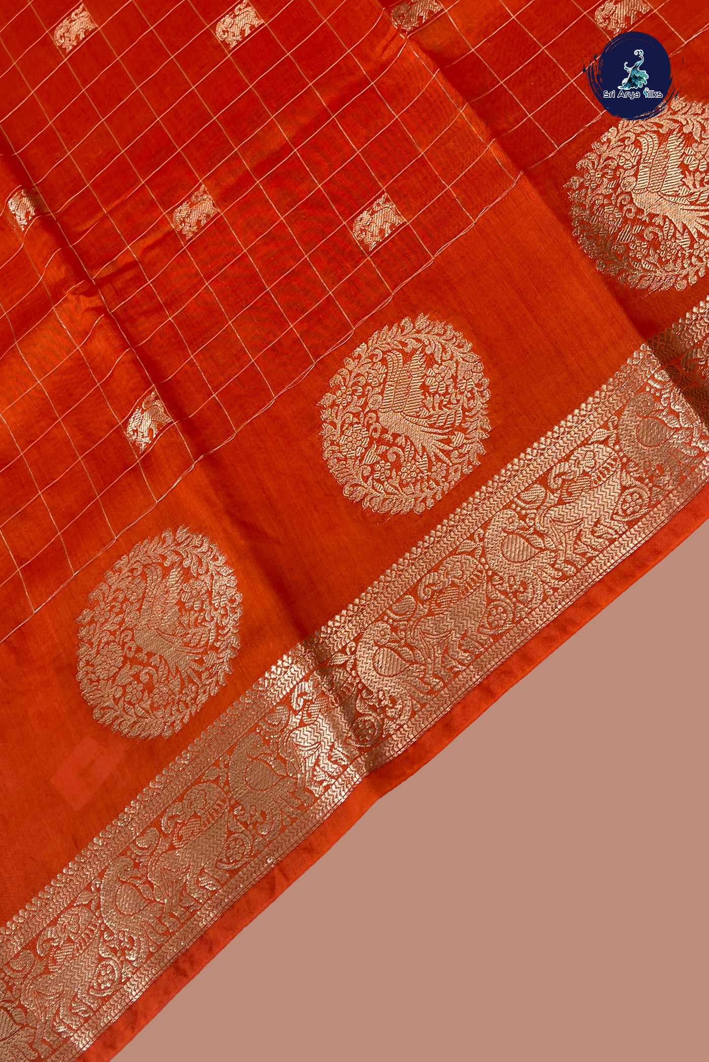 Orange Semi Mysore Silk With Zari Checked Pattern
