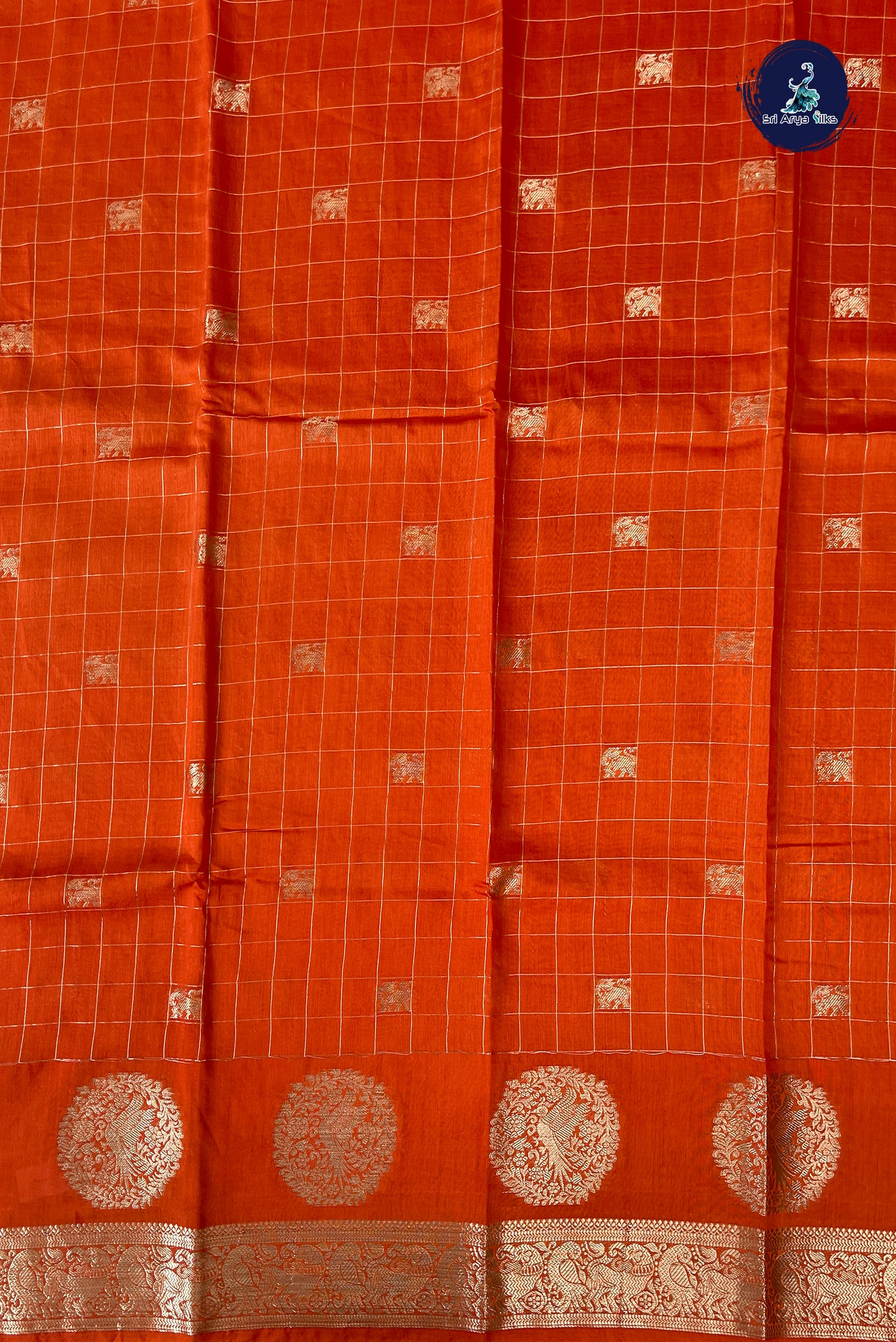 Orange Semi Mysore Silk With Zari Checked Pattern