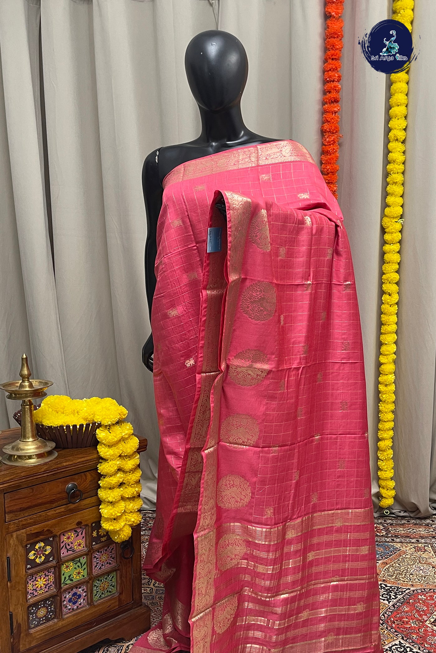 Pink Semi Mysore Silk With Zari Checked Pattern