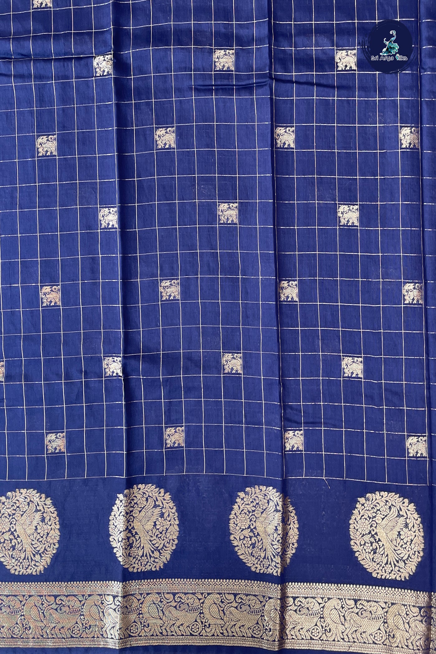 Navy Blue Semi Mysore Silk With Zari Checked Pattern