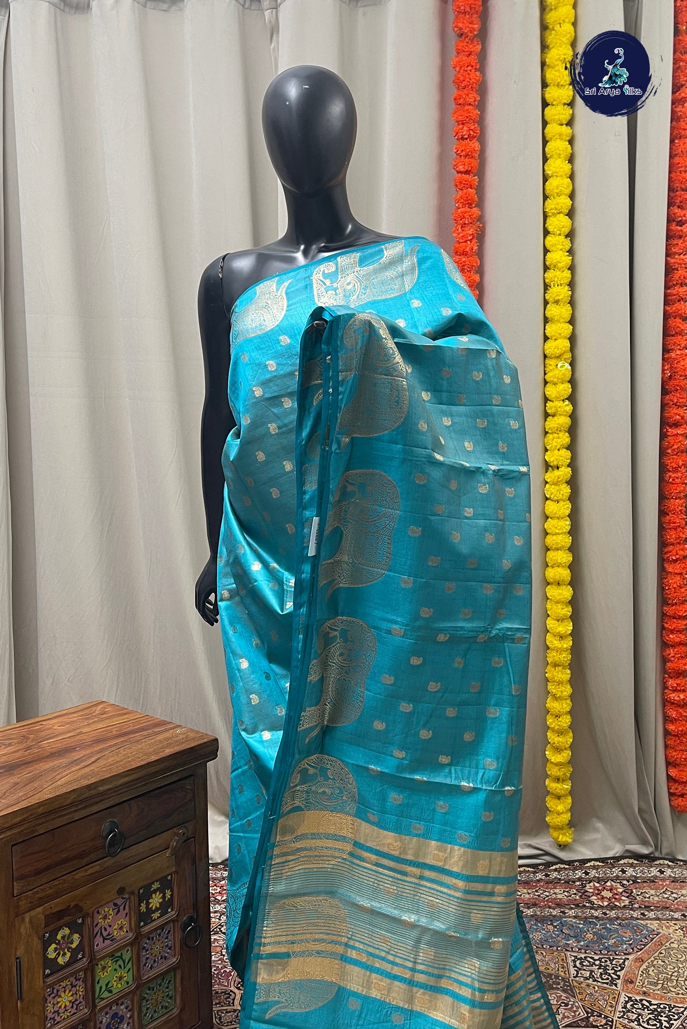 Blue Semi Tussar Saree With Zari Buttas Pattern