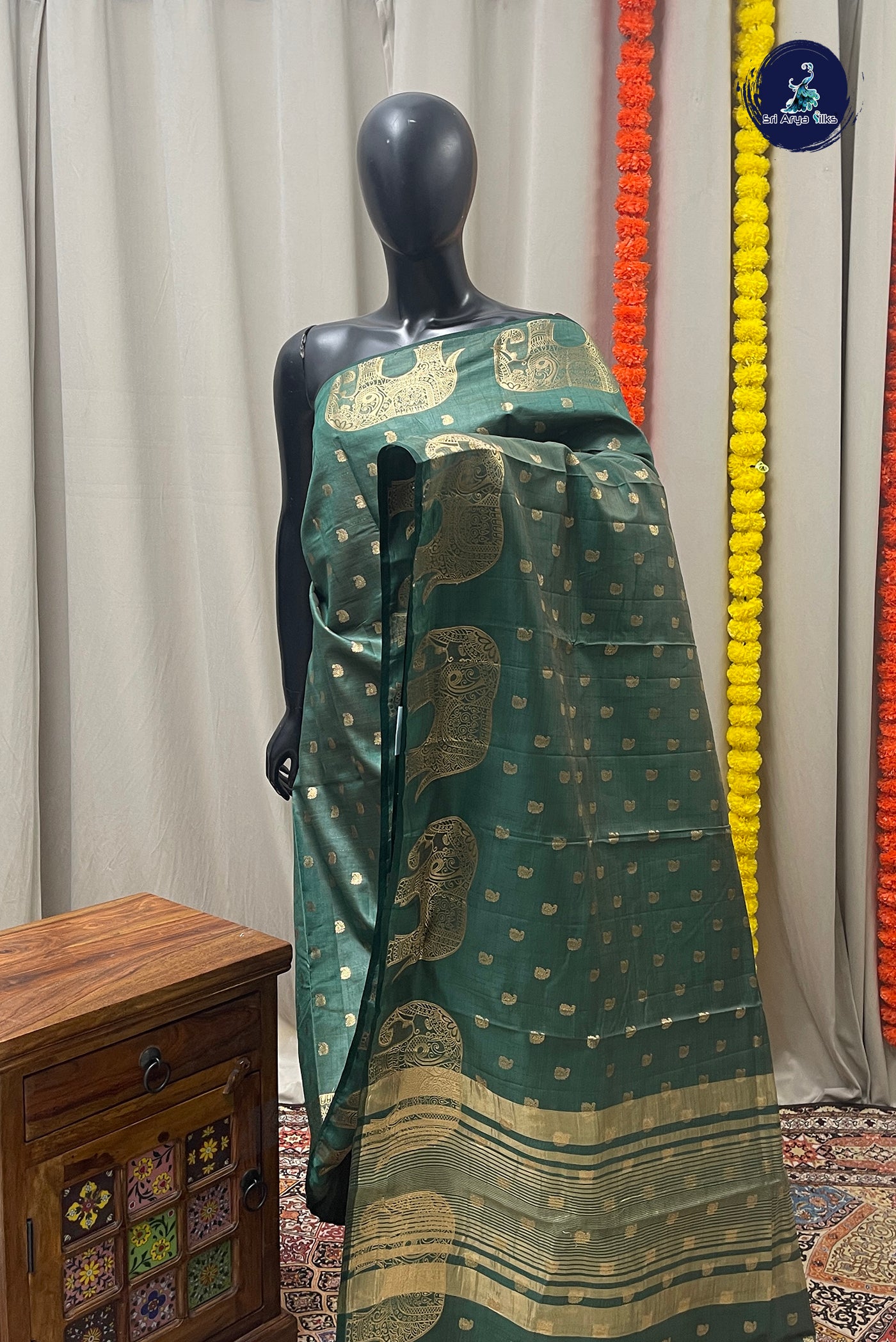 Green Semi Tussar Saree With Zari Buttas Pattern