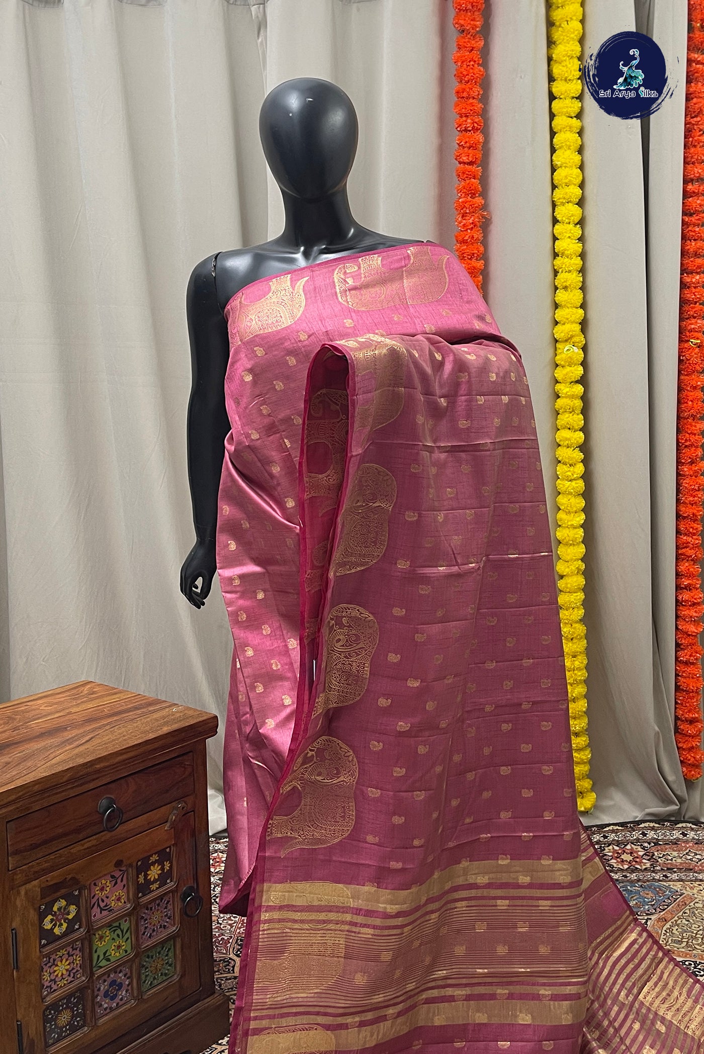 Pink Semi Tussar Saree With Zari Buttas Pattern