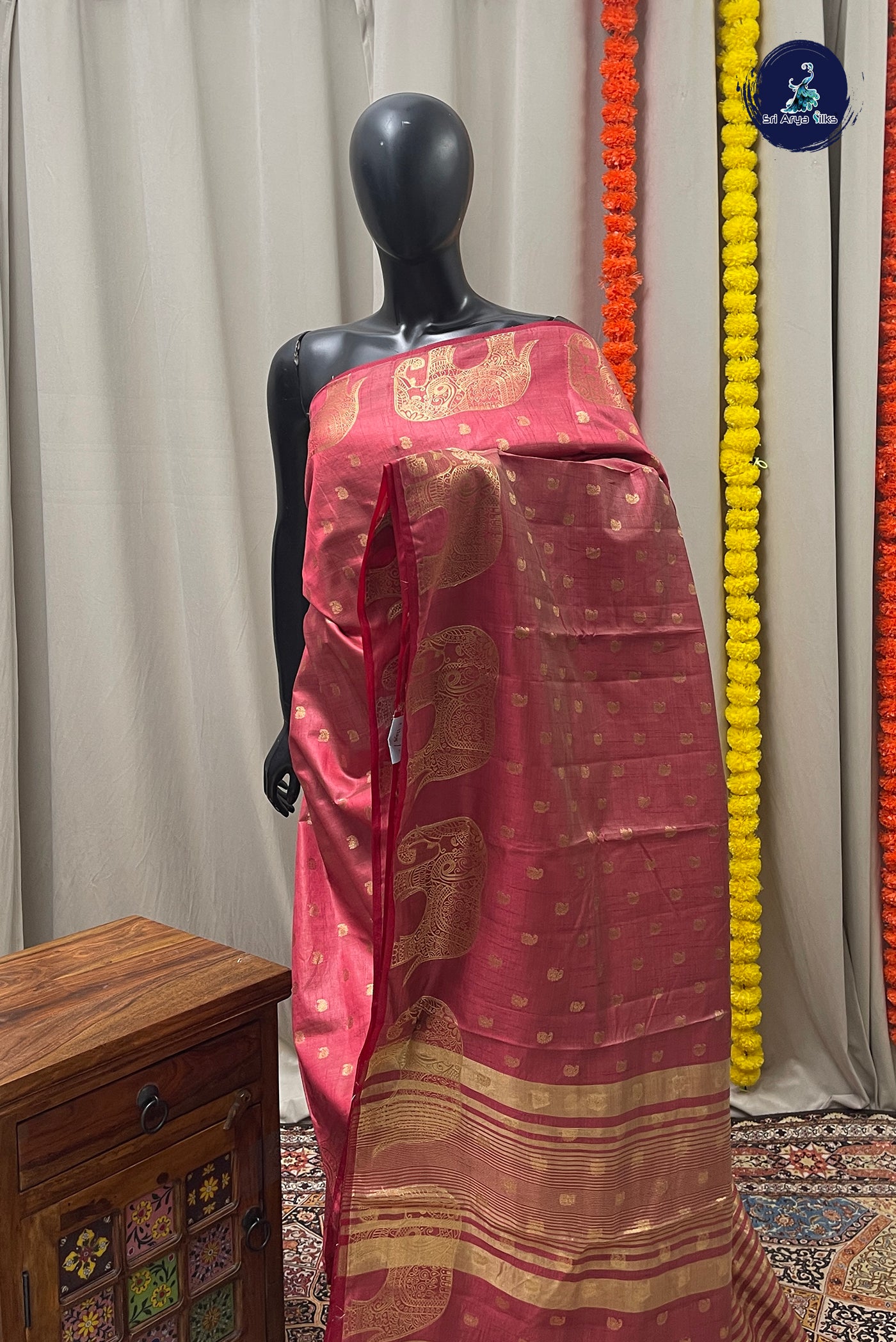 Red Semi Tussar Saree With Zari Buttas Pattern