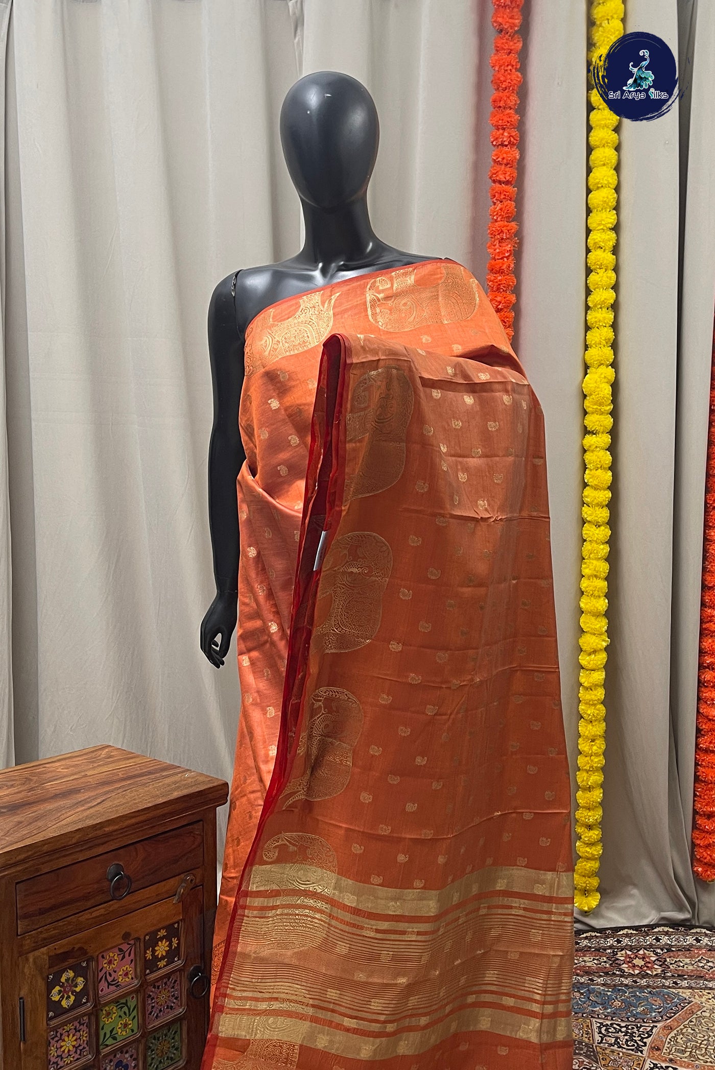 Orange Semi Tussar Saree With Zari Buttas Pattern