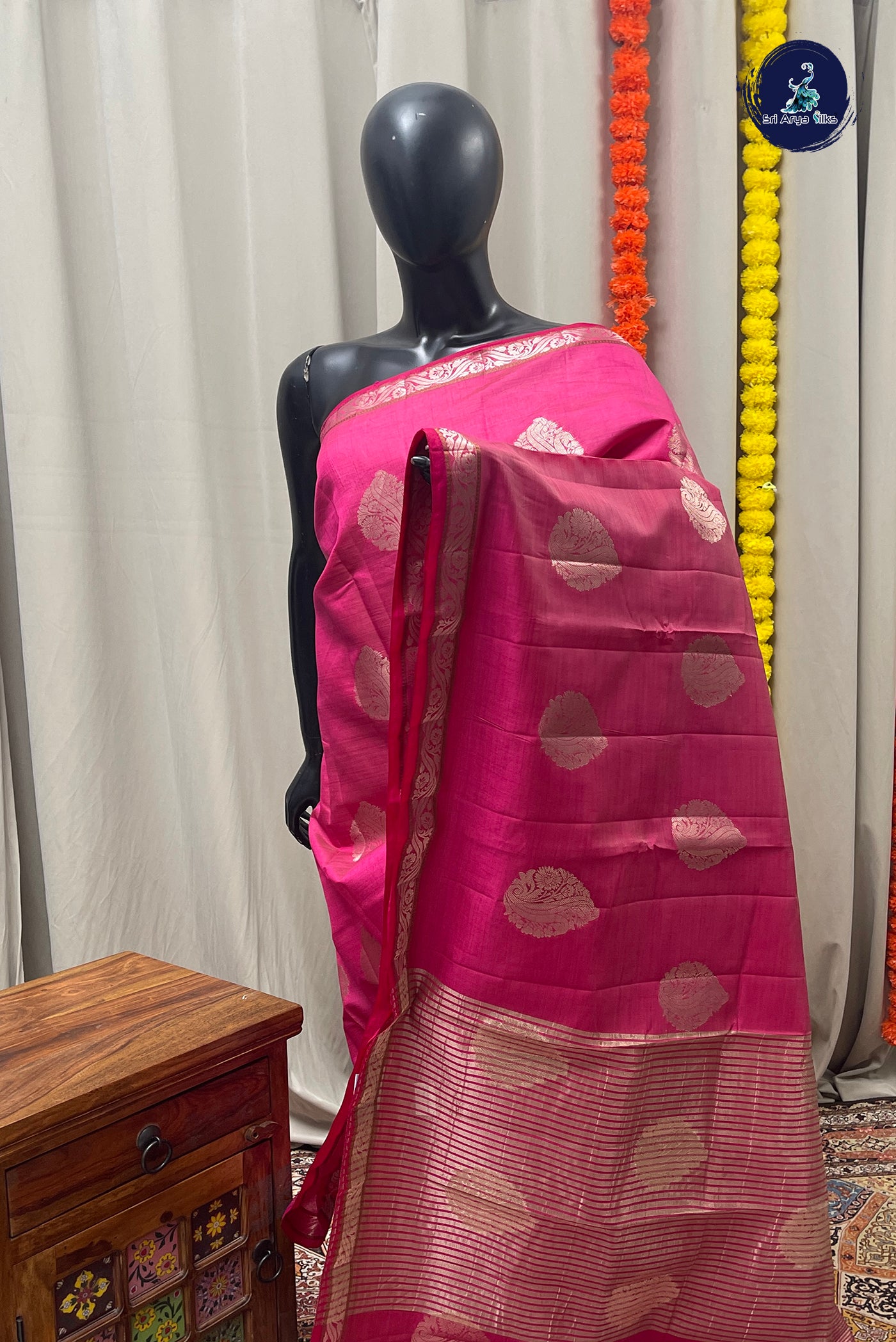 Pink Semi Tussar Saree With Zari Buttas Pattern