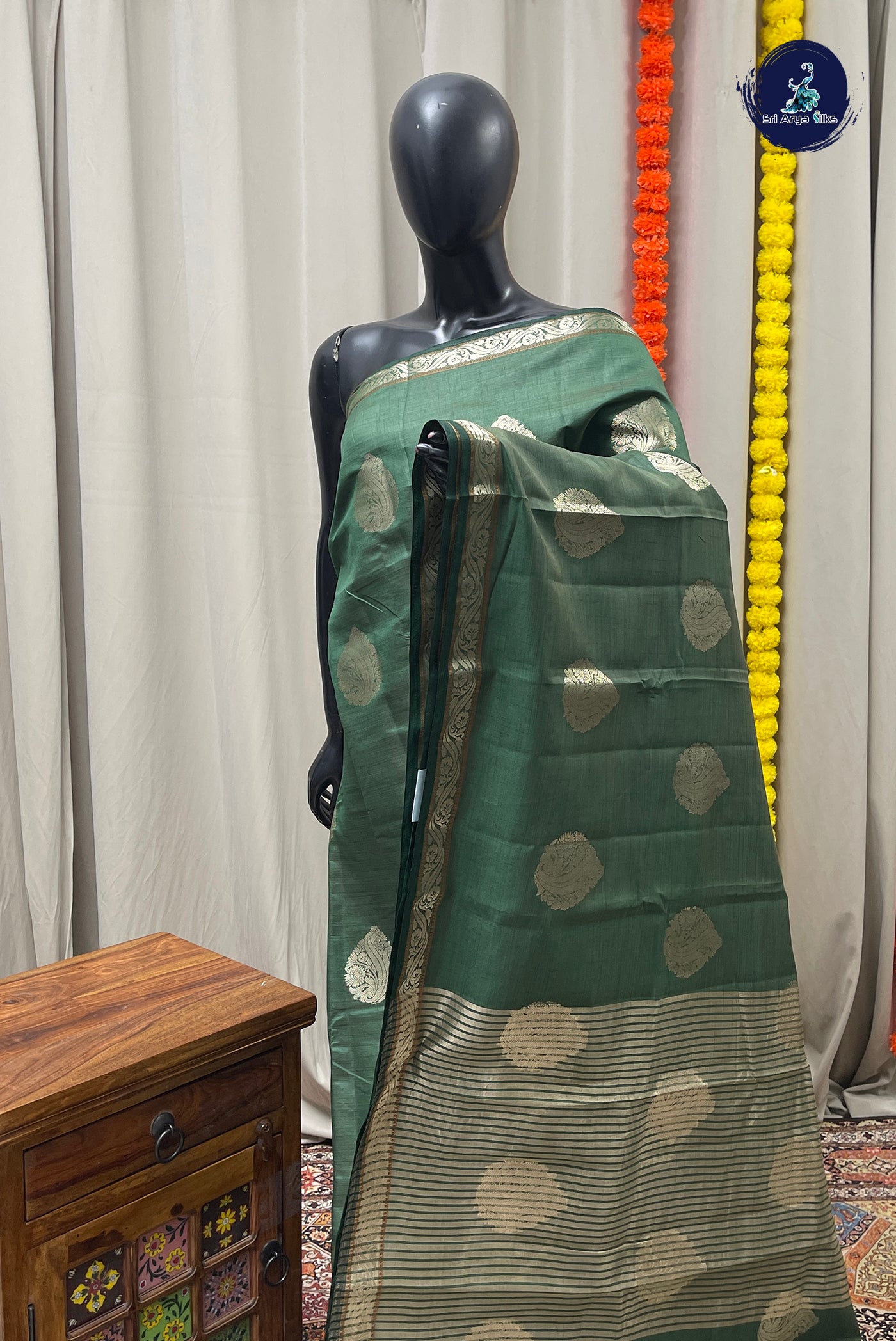 Green Semi Tussar Saree With Zari Buttas Pattern