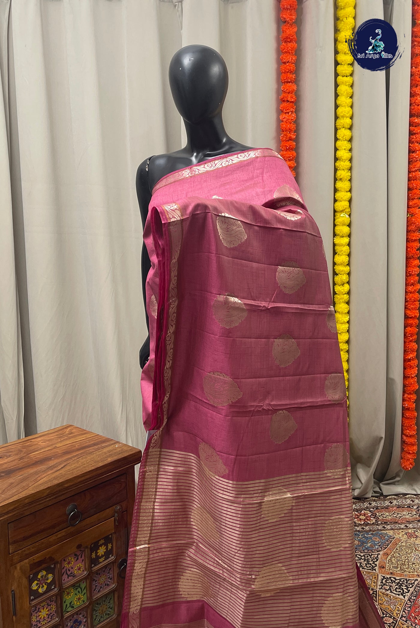 Pink Semi Tussar Saree With Zari Buttas Pattern
