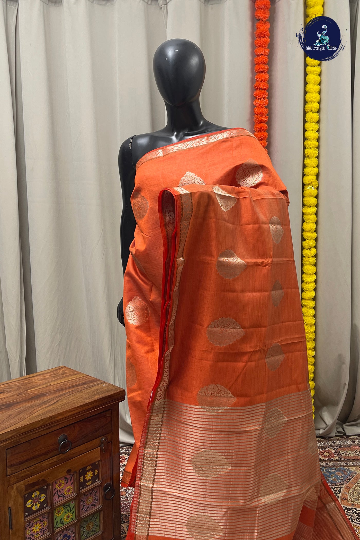 Orange Semi Tussar Saree With Zari Buttas Pattern