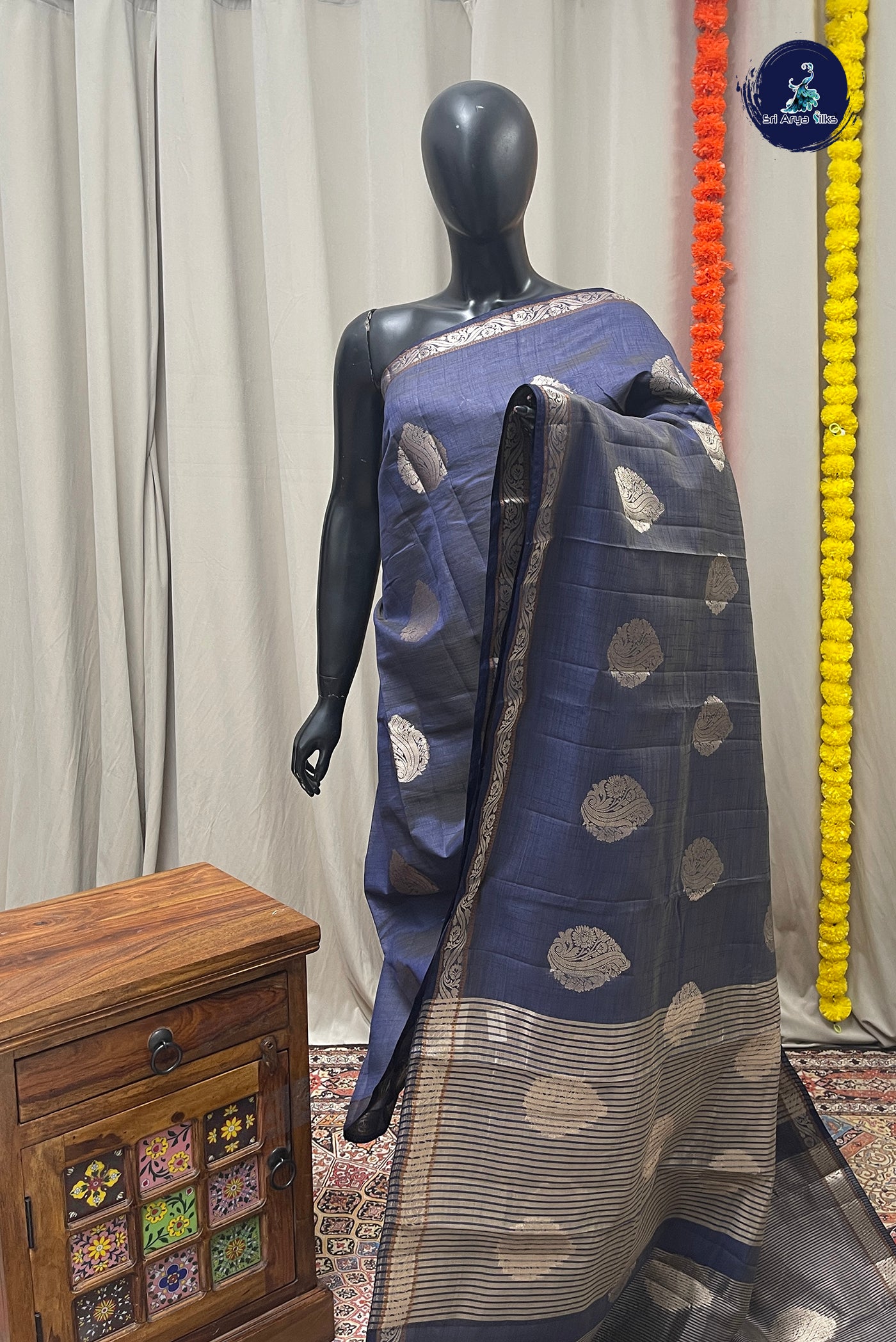 Blue Semi Tussar Saree With Zari Buttas Pattern
