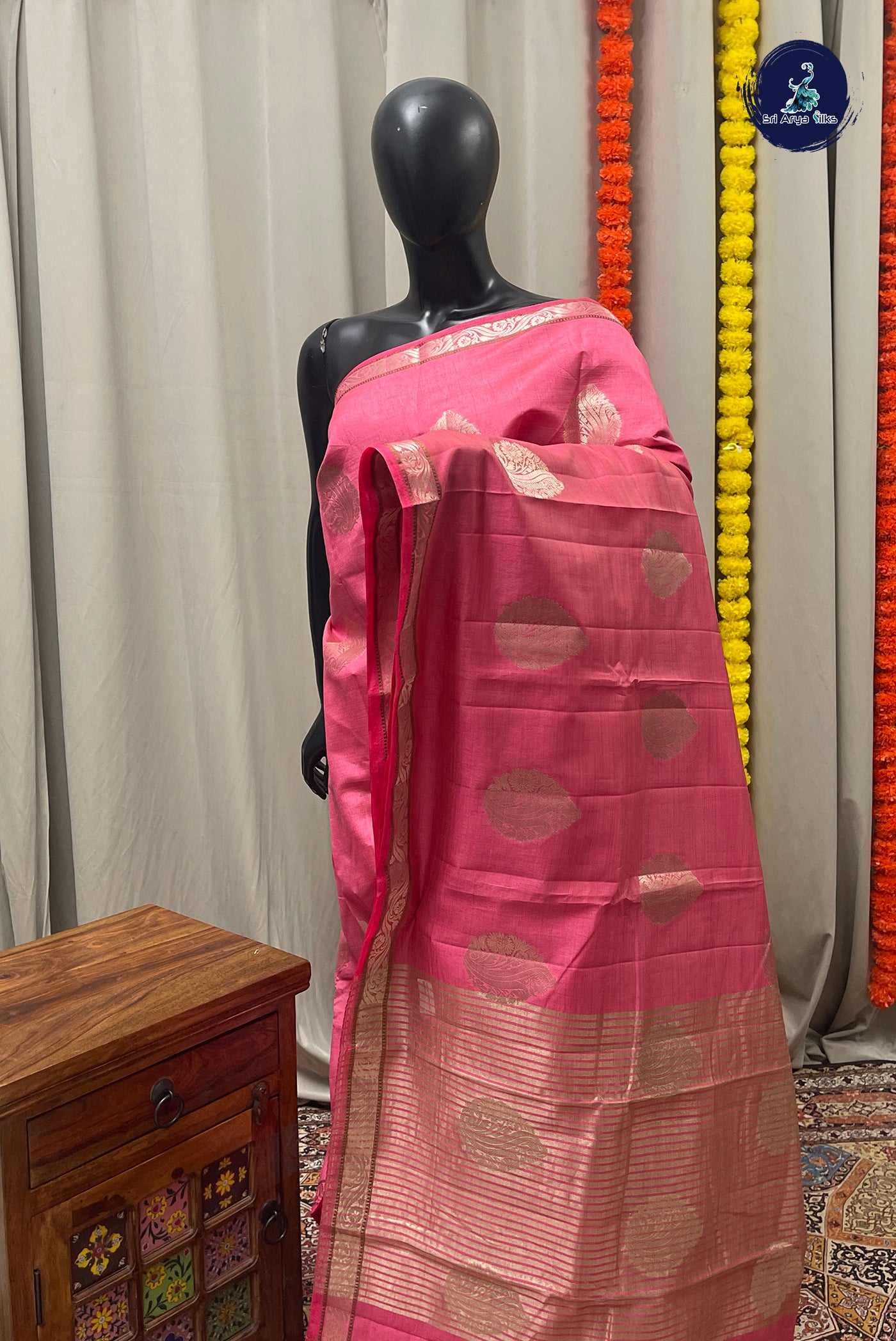Light Pink Semi Tussar Saree With Zari Buttas Pattern