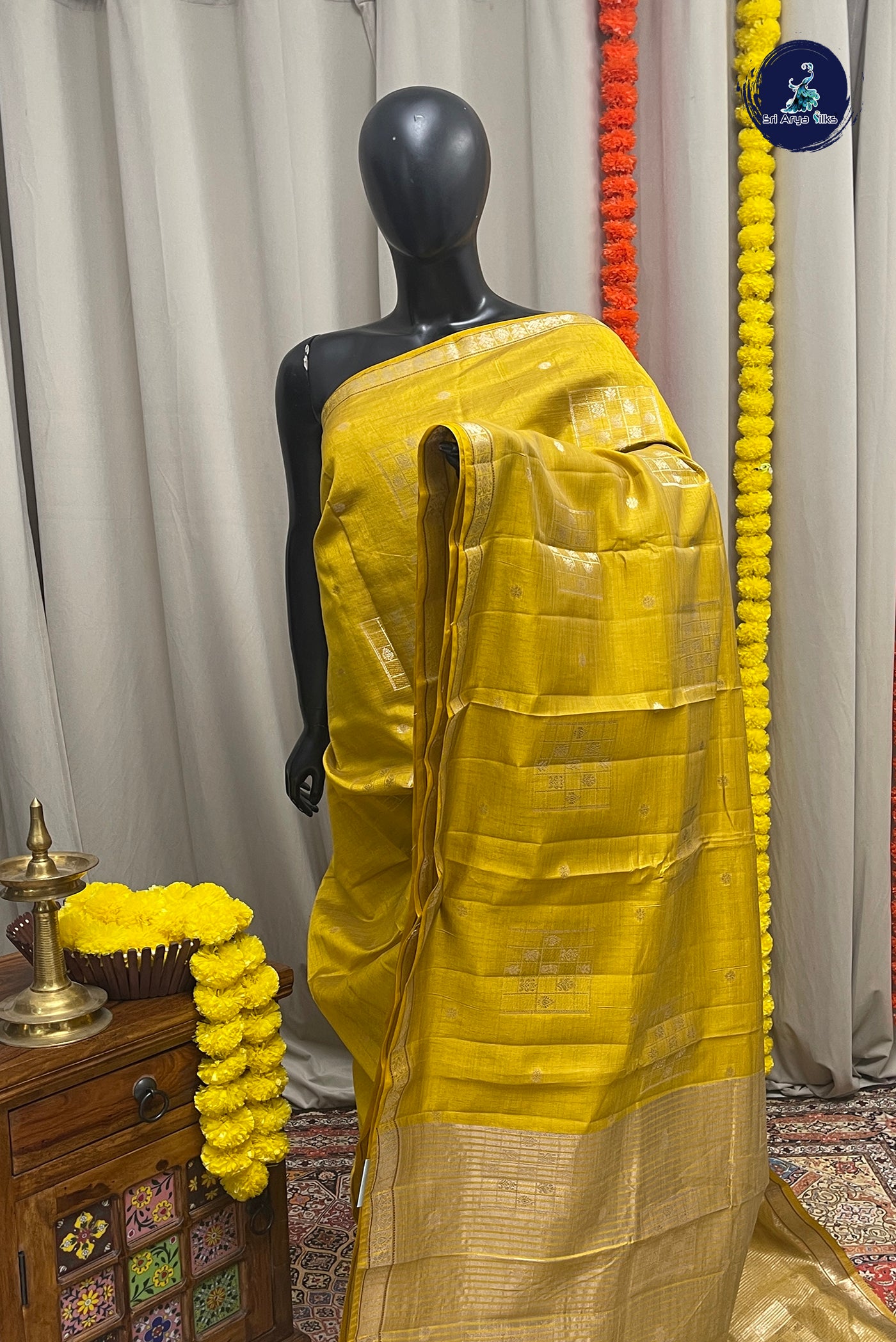 Yellow Semi Tussar Saree With Zari Buttas Pattern
