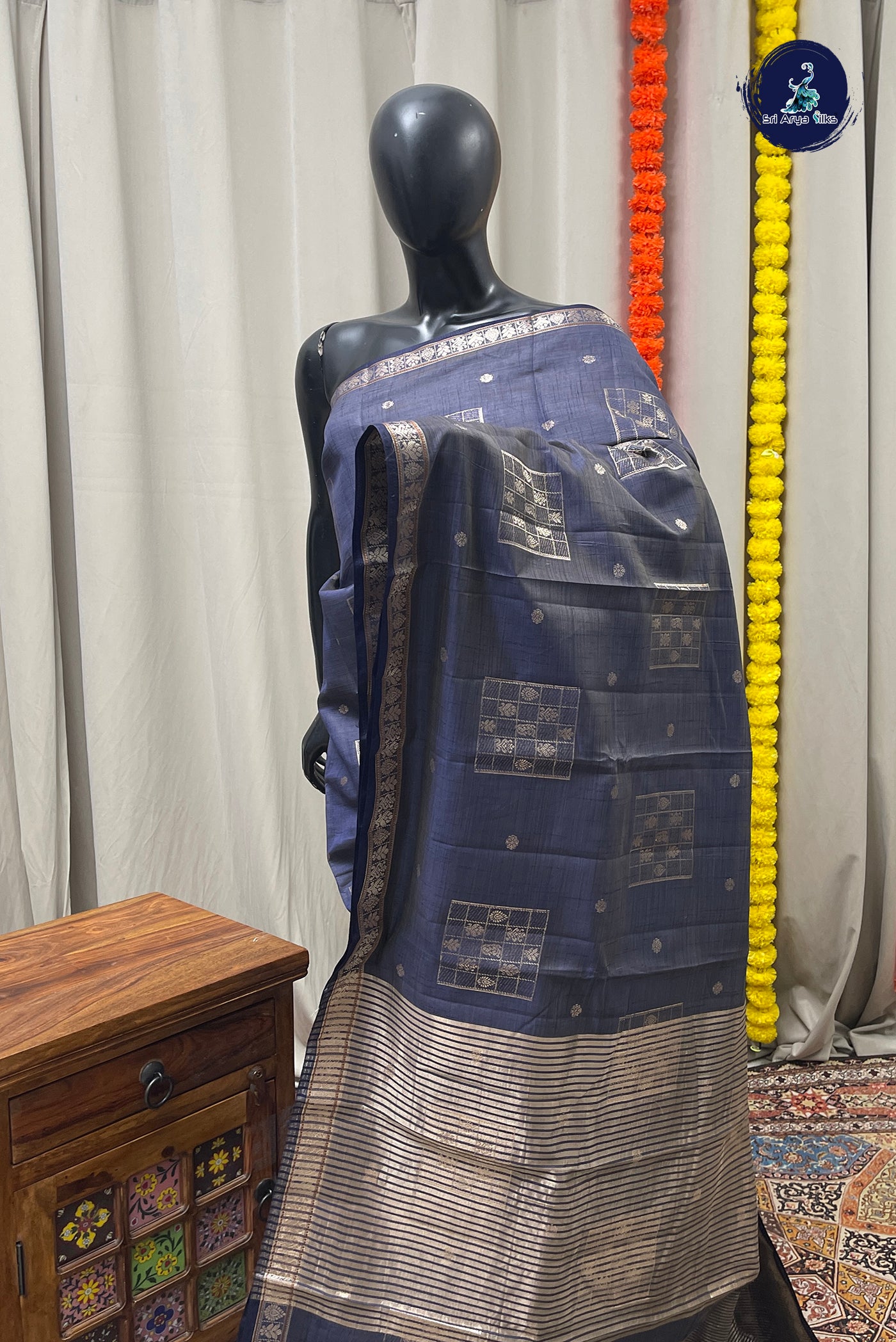 Blue Semi Tussar Saree With Zari Buttas Pattern